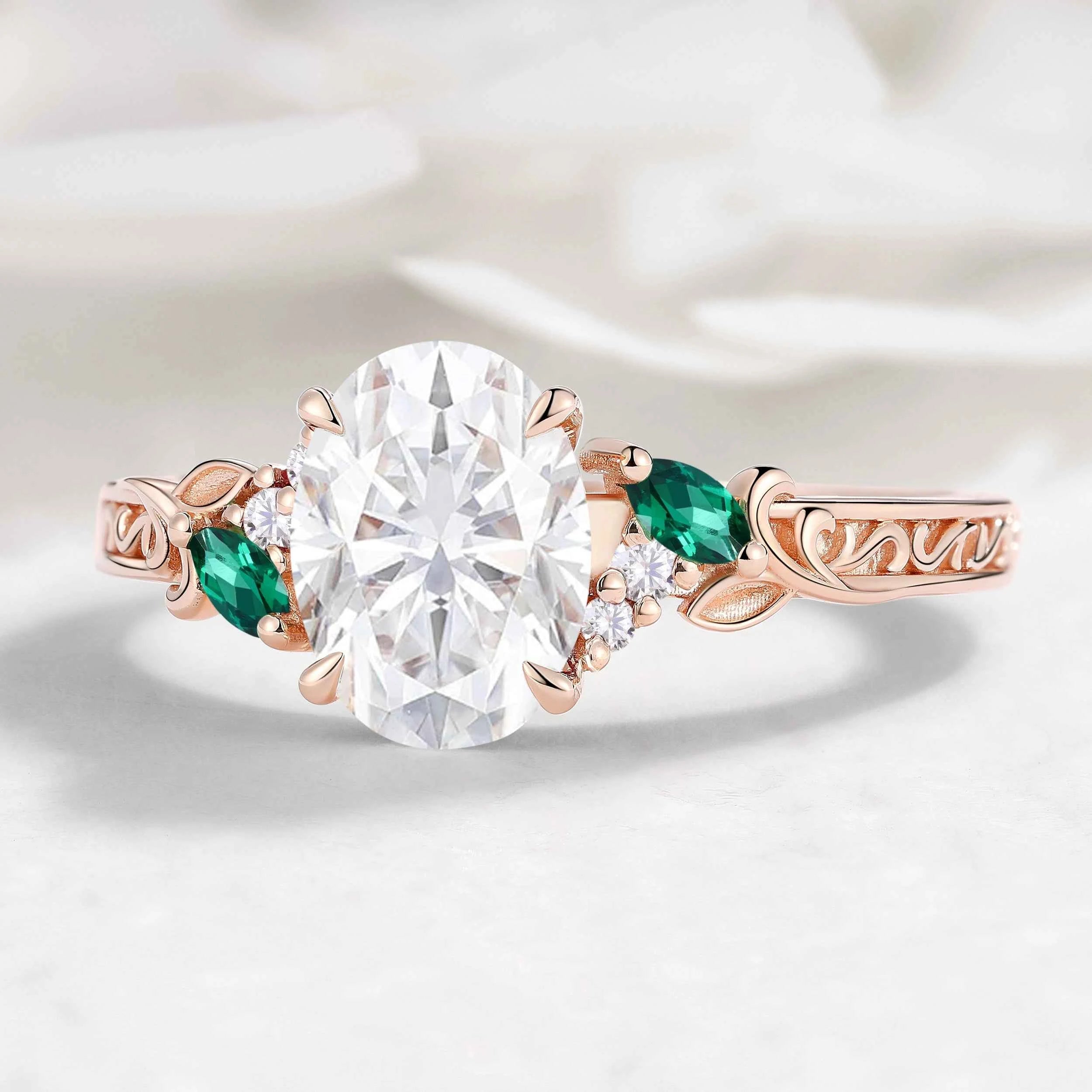 Vintage Leaf Oval Moissanite Engagement Ring with Hidden Birthstone - Briony