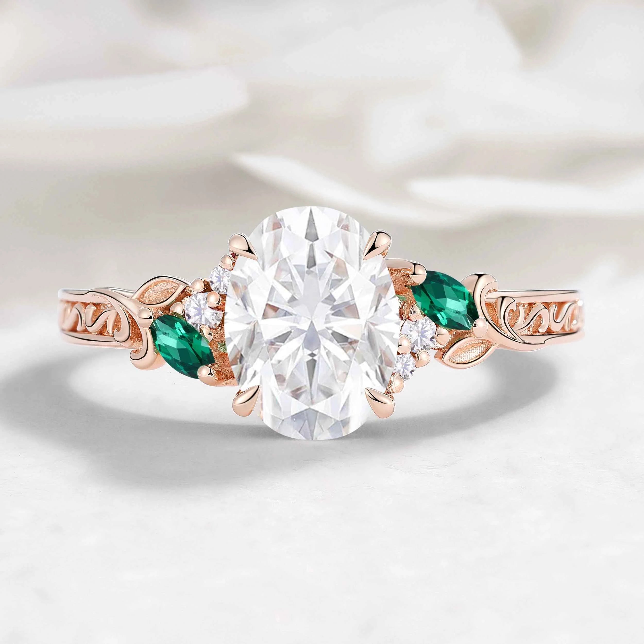 Vintage Leaf Oval Moissanite Engagement Ring with Hidden Birthstone - Briony