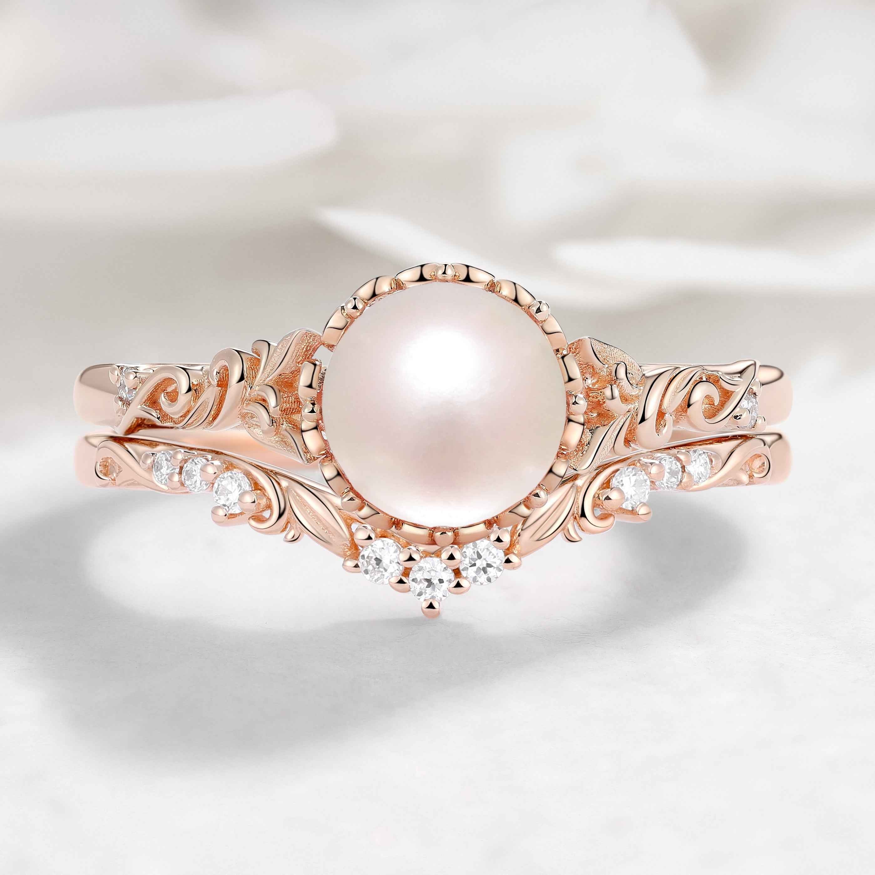 Nature-Inspired Leaf Pearl Engagement Ring Set 2pcs - Heartvine Series