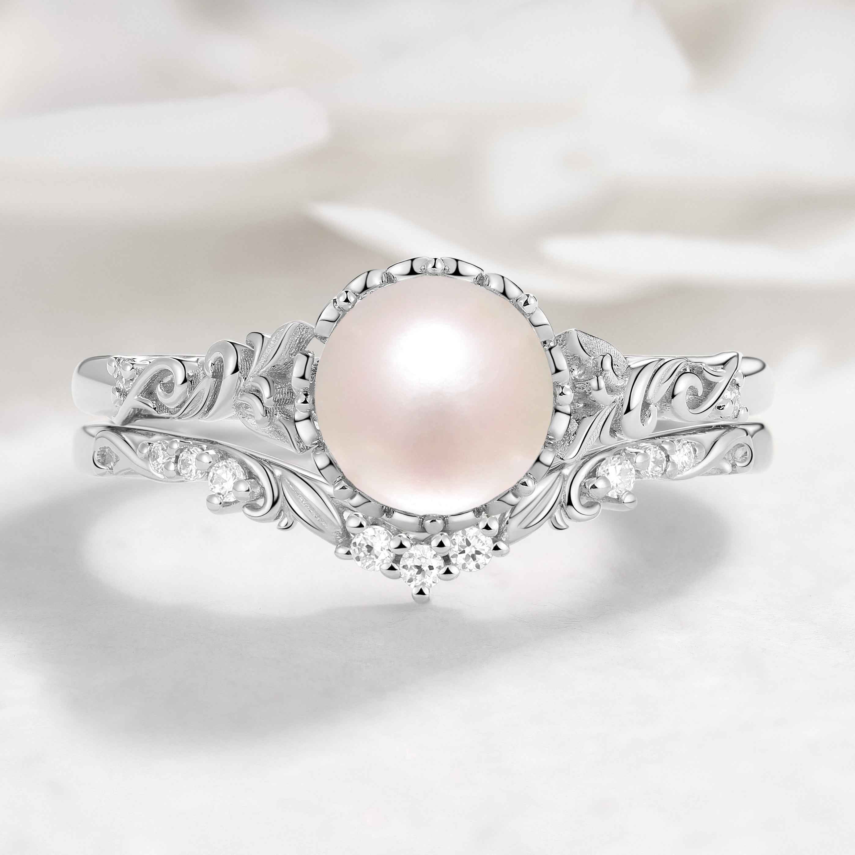 Nature-Inspired Leaf Pearl Engagement Ring Set 2pcs - Heartvine Series