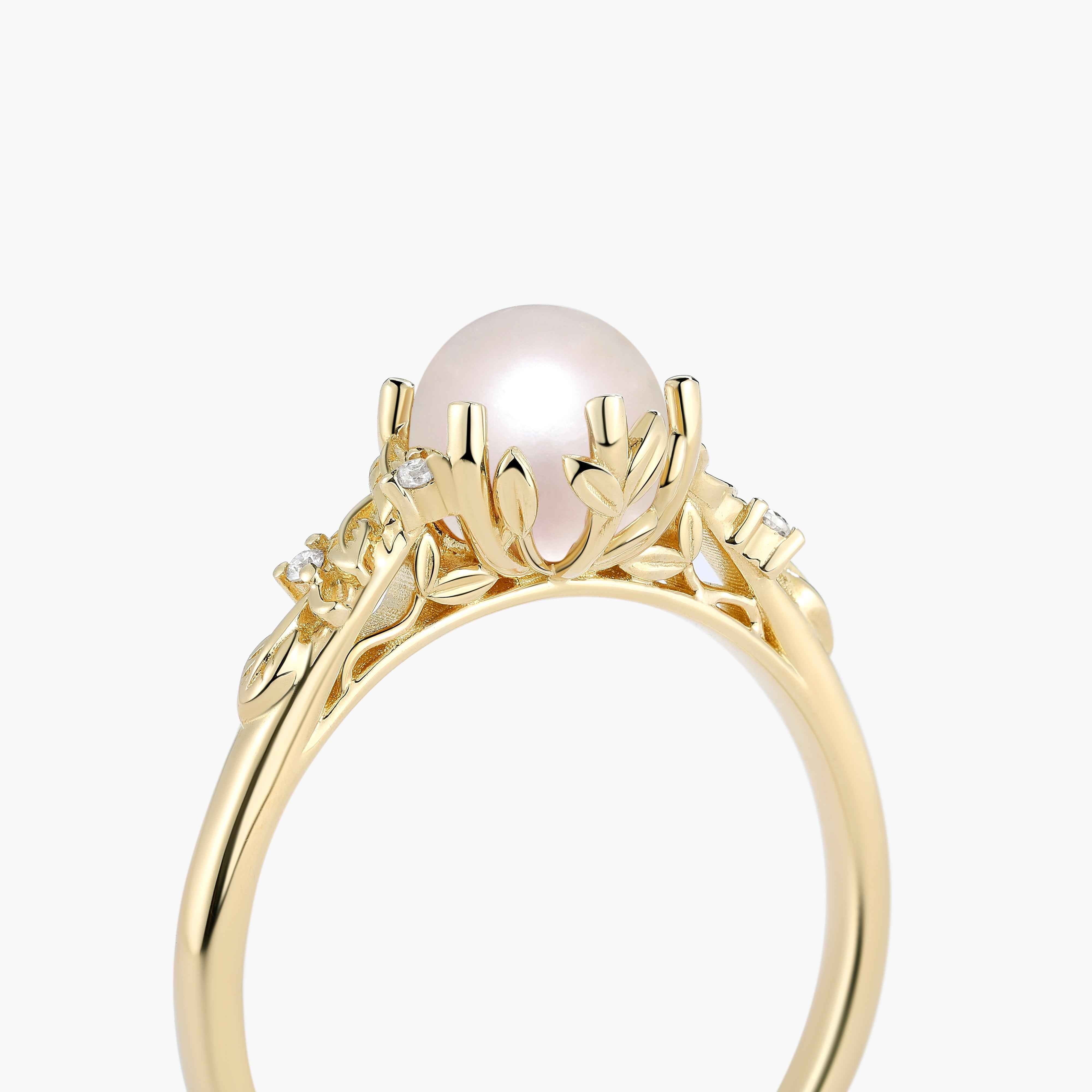 Nature-Inspired Leaf Pearl Engagement Ring - Leafcrown Series
