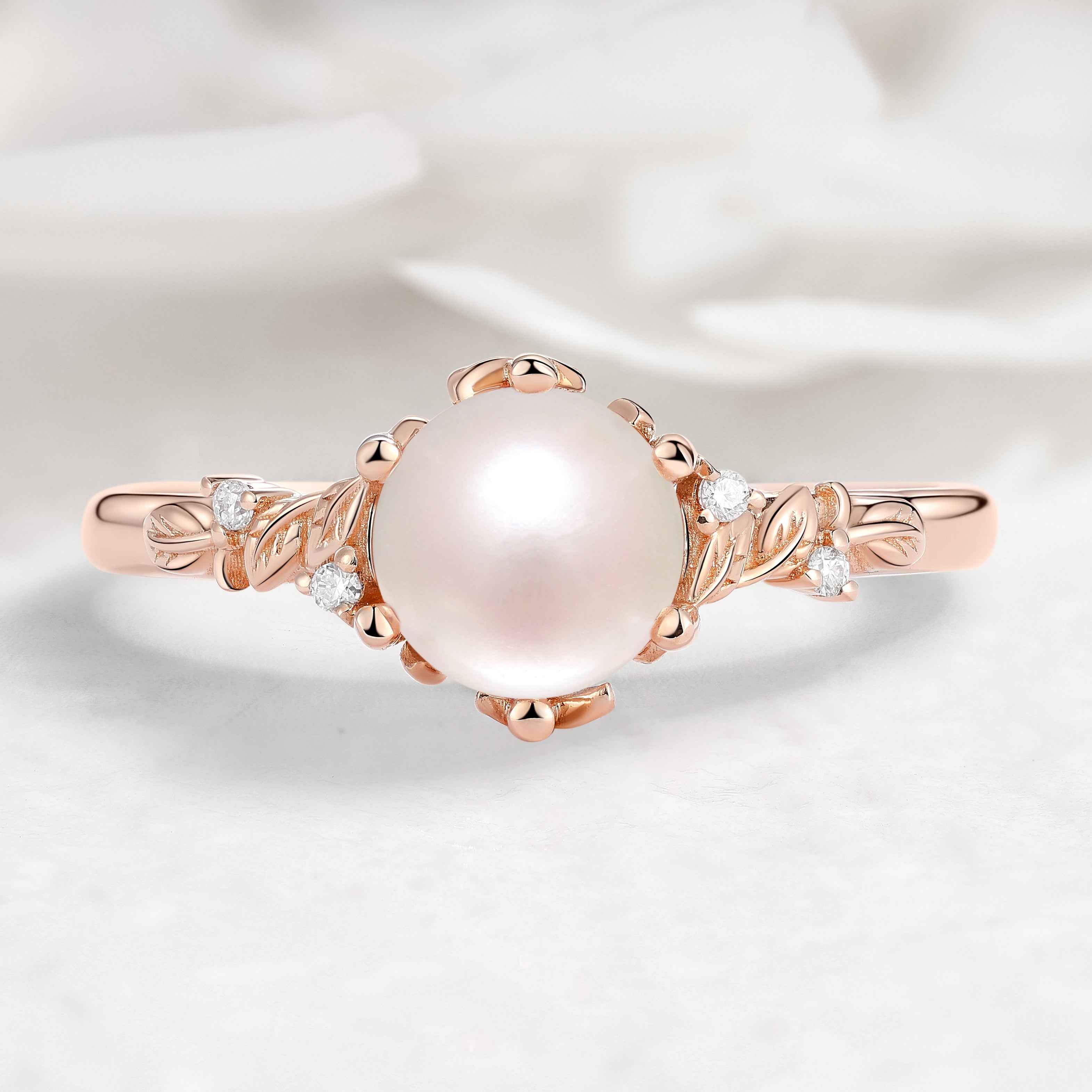 Nature-Inspired Leaf Pearl Engagement Ring - Leafcrown Series