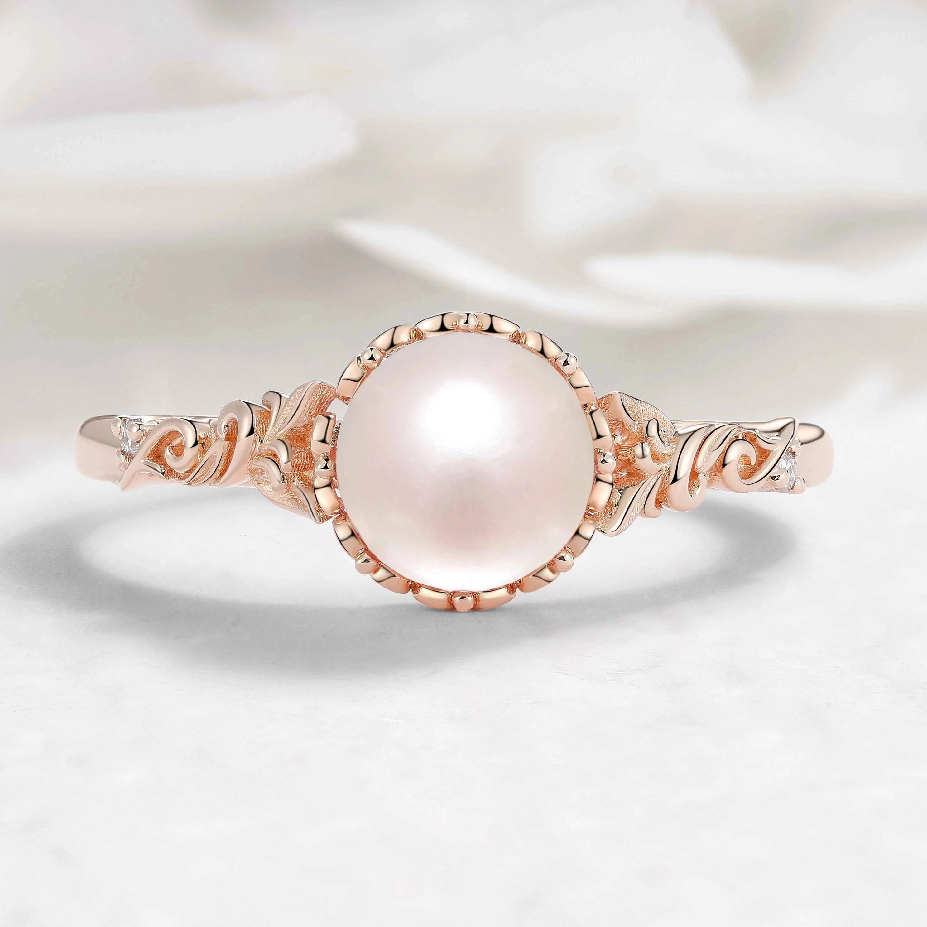 Nature-Inspired Leaf Pearl Engagement Ring - Heartvine Series
