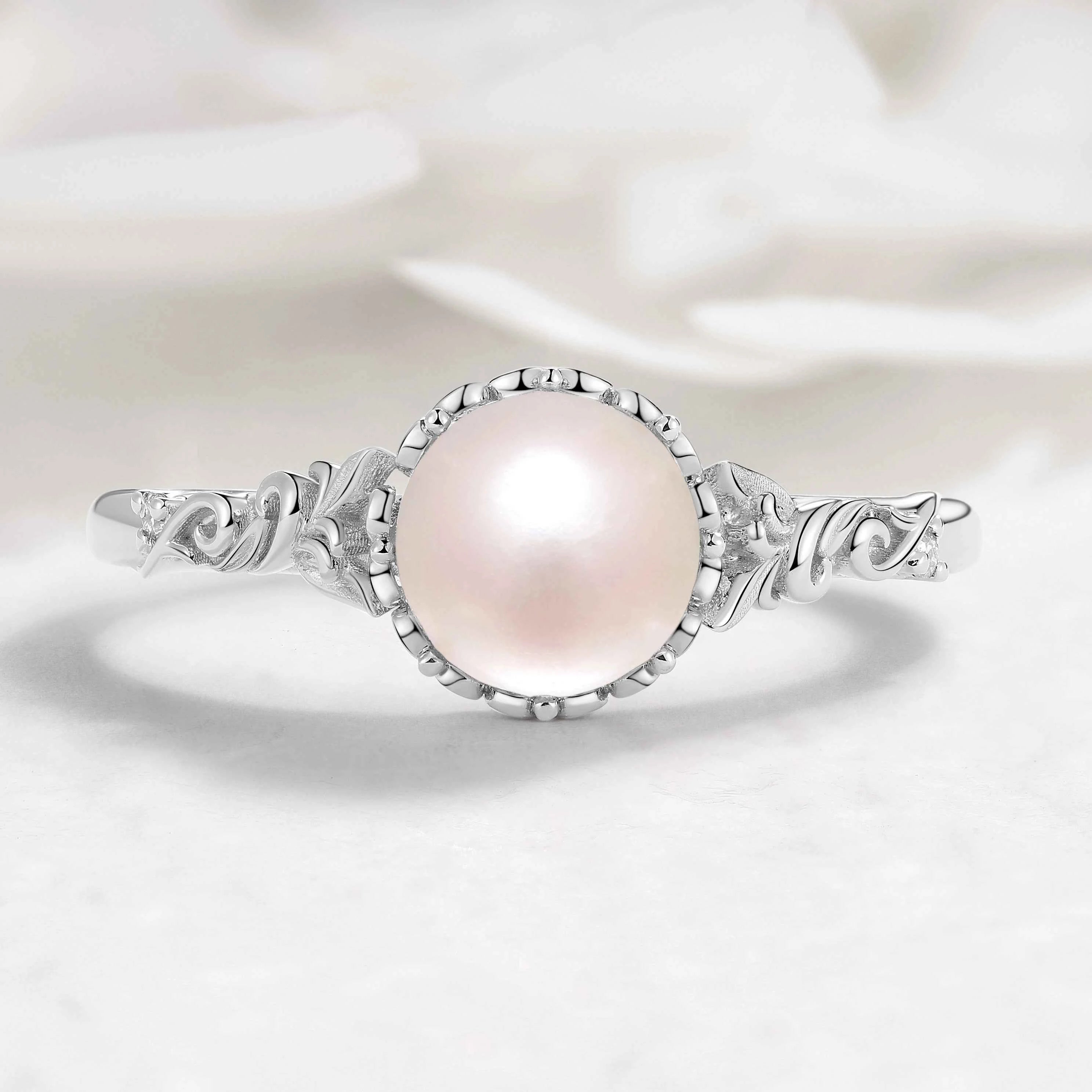 Nature-Inspired Leaf Pearl Engagement Ring - Heartvine Series