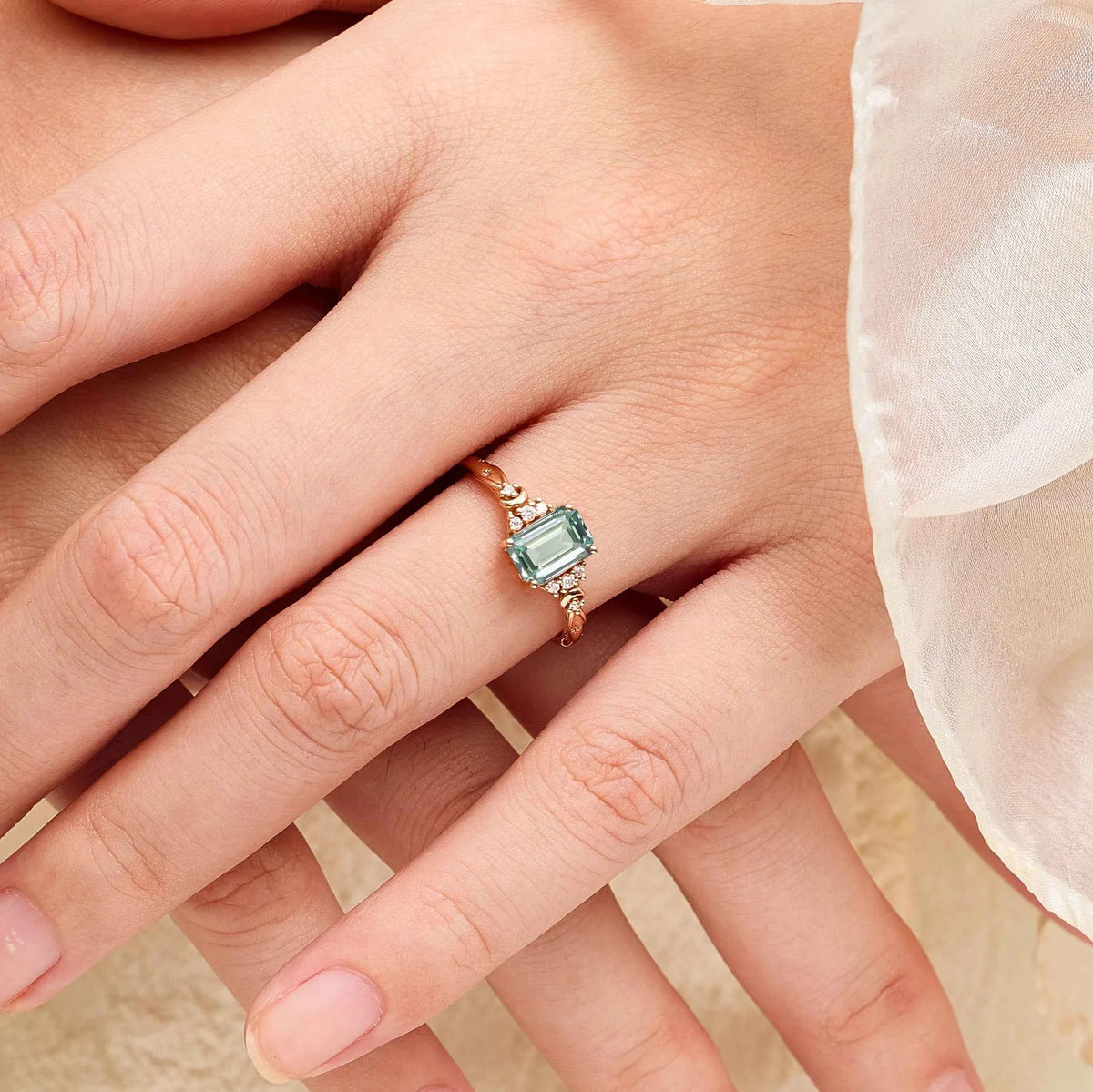 Emerald-Cut Green Sapphire Celestial Engagement Ring