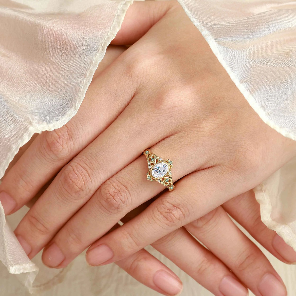 Golden Blossom Vintage Oval-Cut Moissanite Engagement Ring