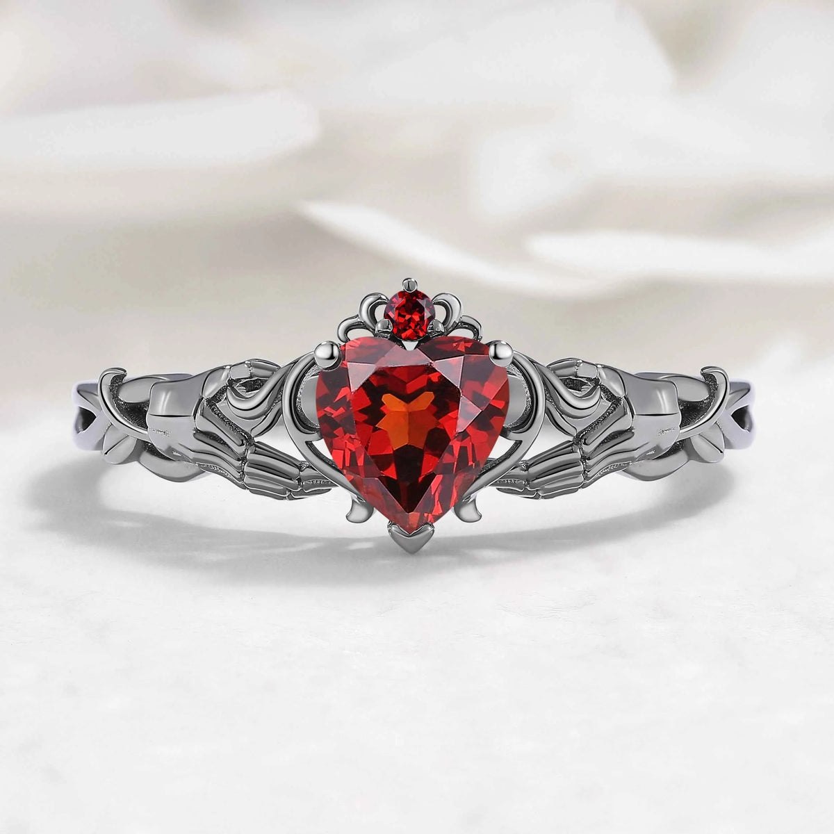 Gothic Skull Hand Garnet Heart Engagement Ring