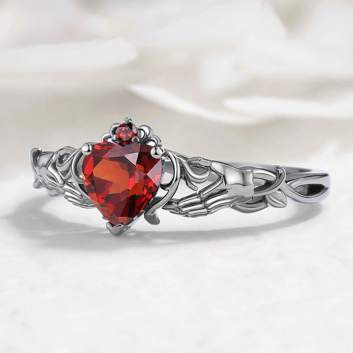 Gothic Skull Hand Garnet Heart Engagement Ring