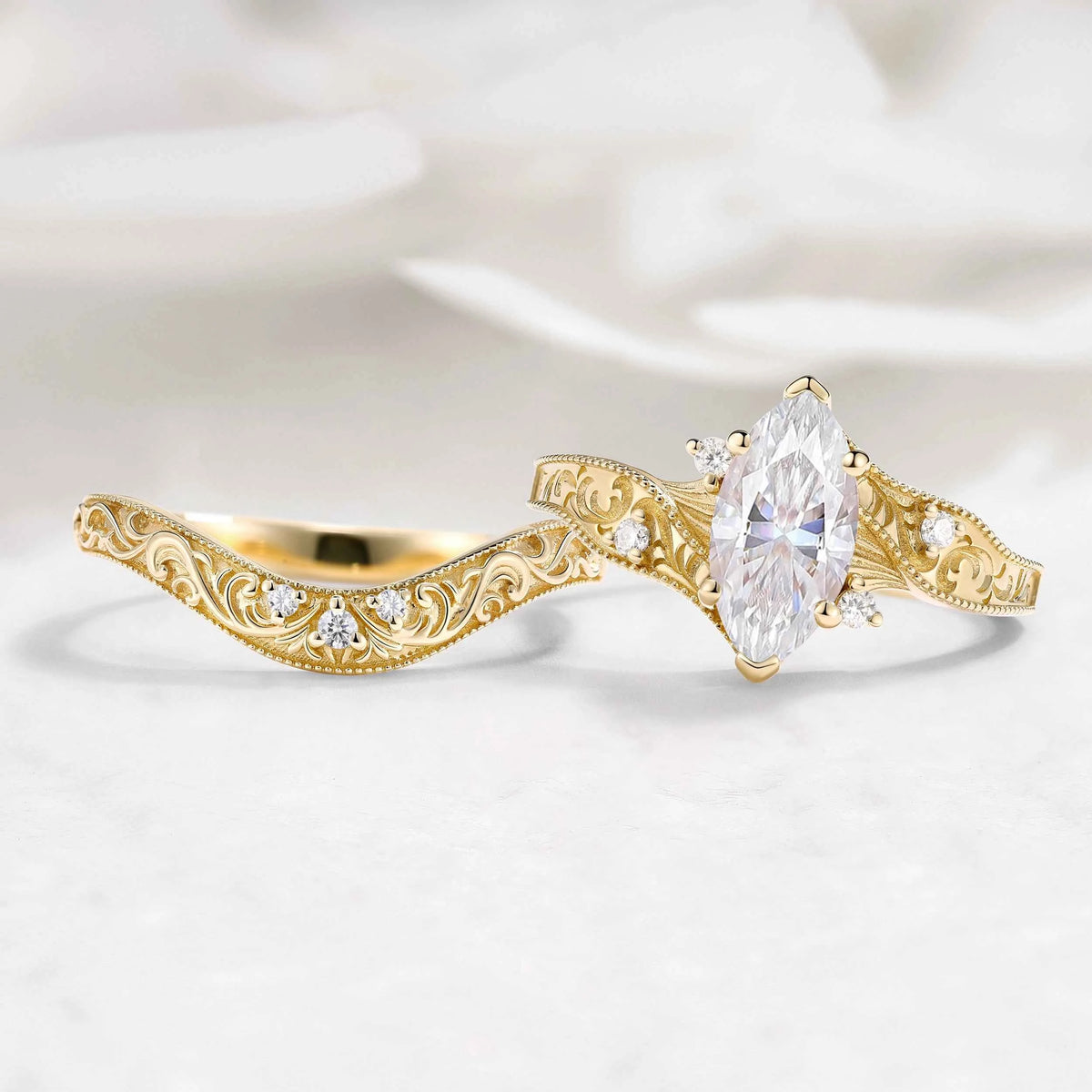 Romantic Victorian Vintage Marquise Cut Moissanite Arabella Bridal Set