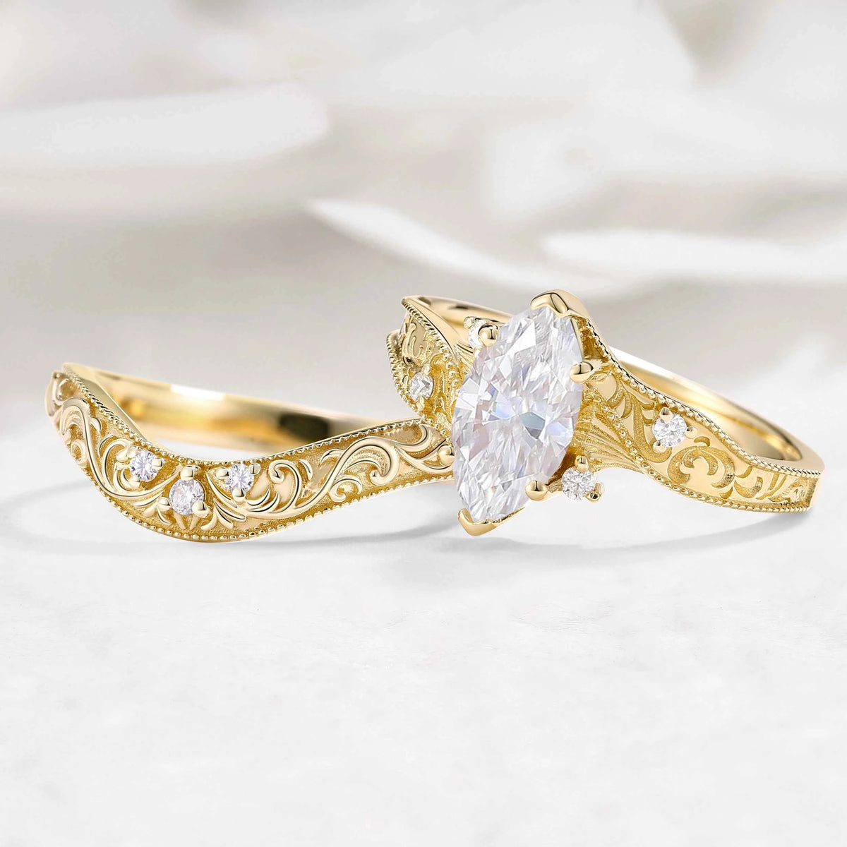 Romantic Victorian Vintage Marquise Cut Moissanite Arabella Bridal Set