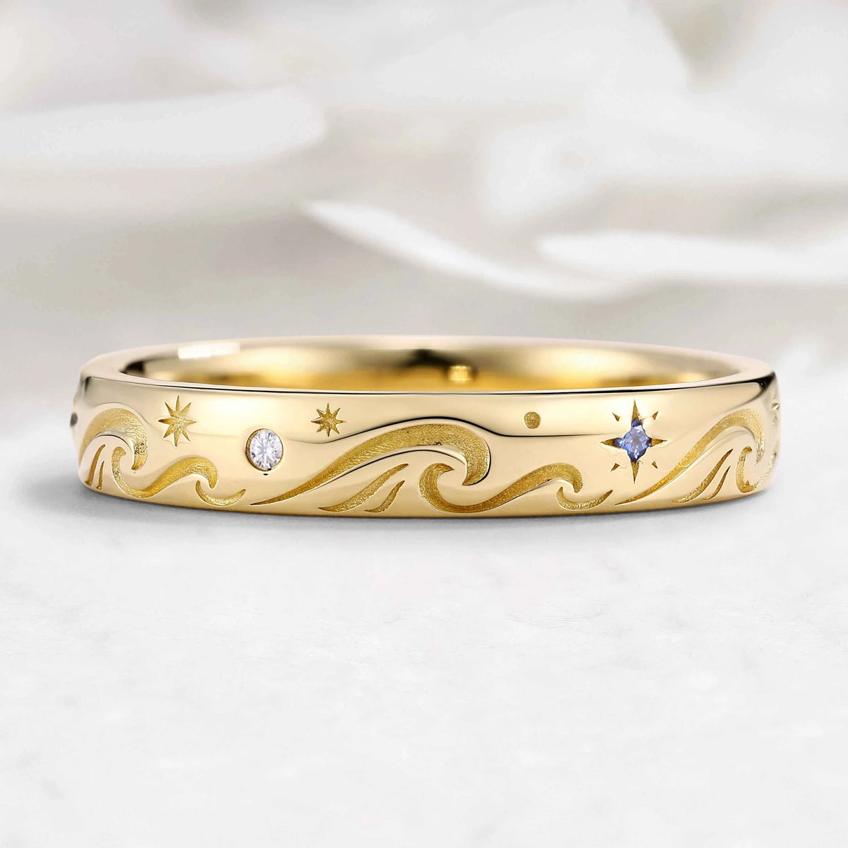 Ocean Waves & Stars Unisex Wedding Band Couple Ring