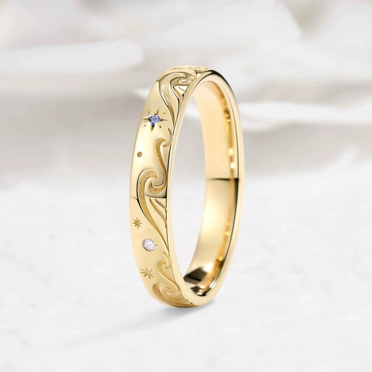 Ocean Waves & Stars Unisex Wedding Band Couple Ring
