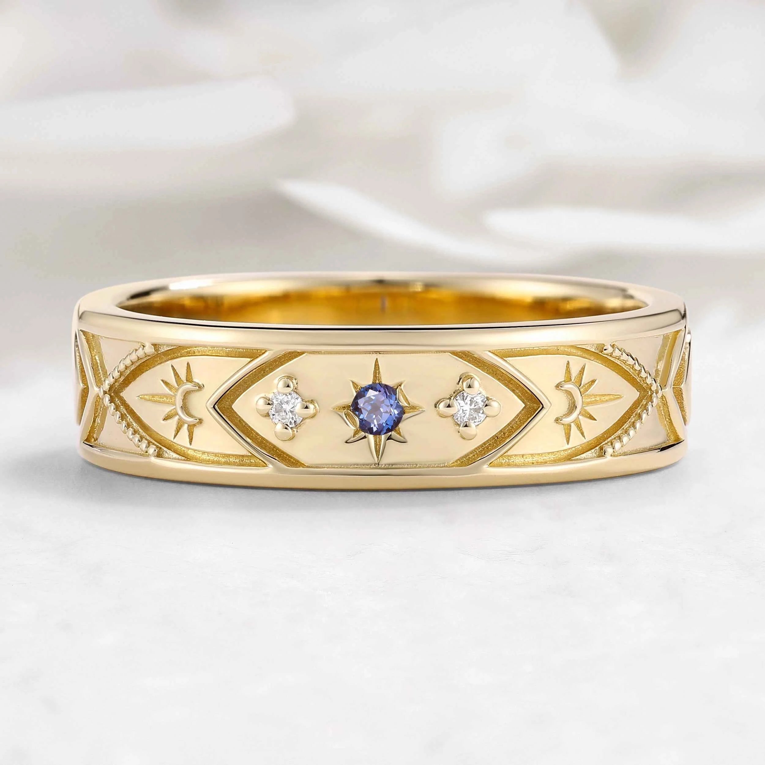 Celestial Moon & Star Sapphire Vintage Men's Wedding Band