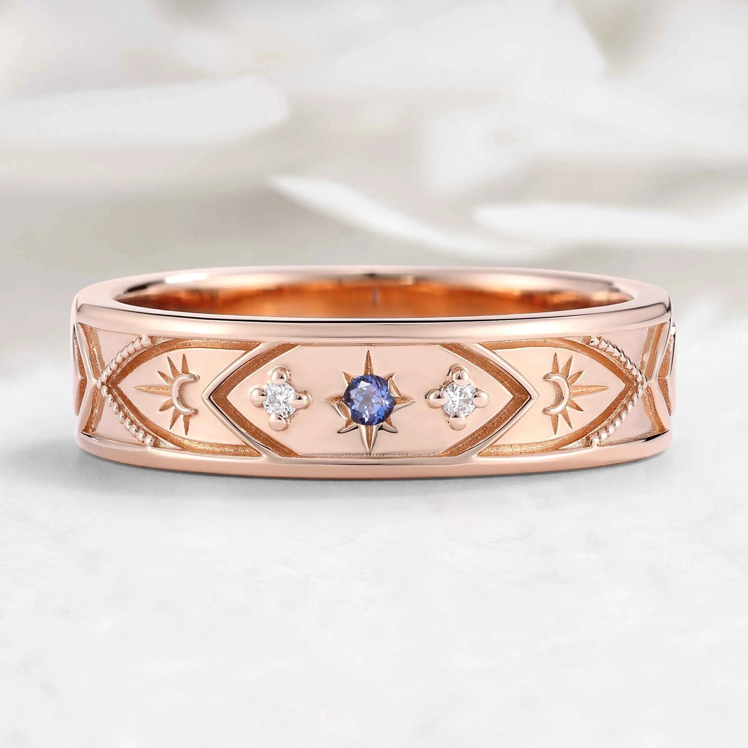 Celestial Moon & Star Sapphire Vintage Men's Wedding Band