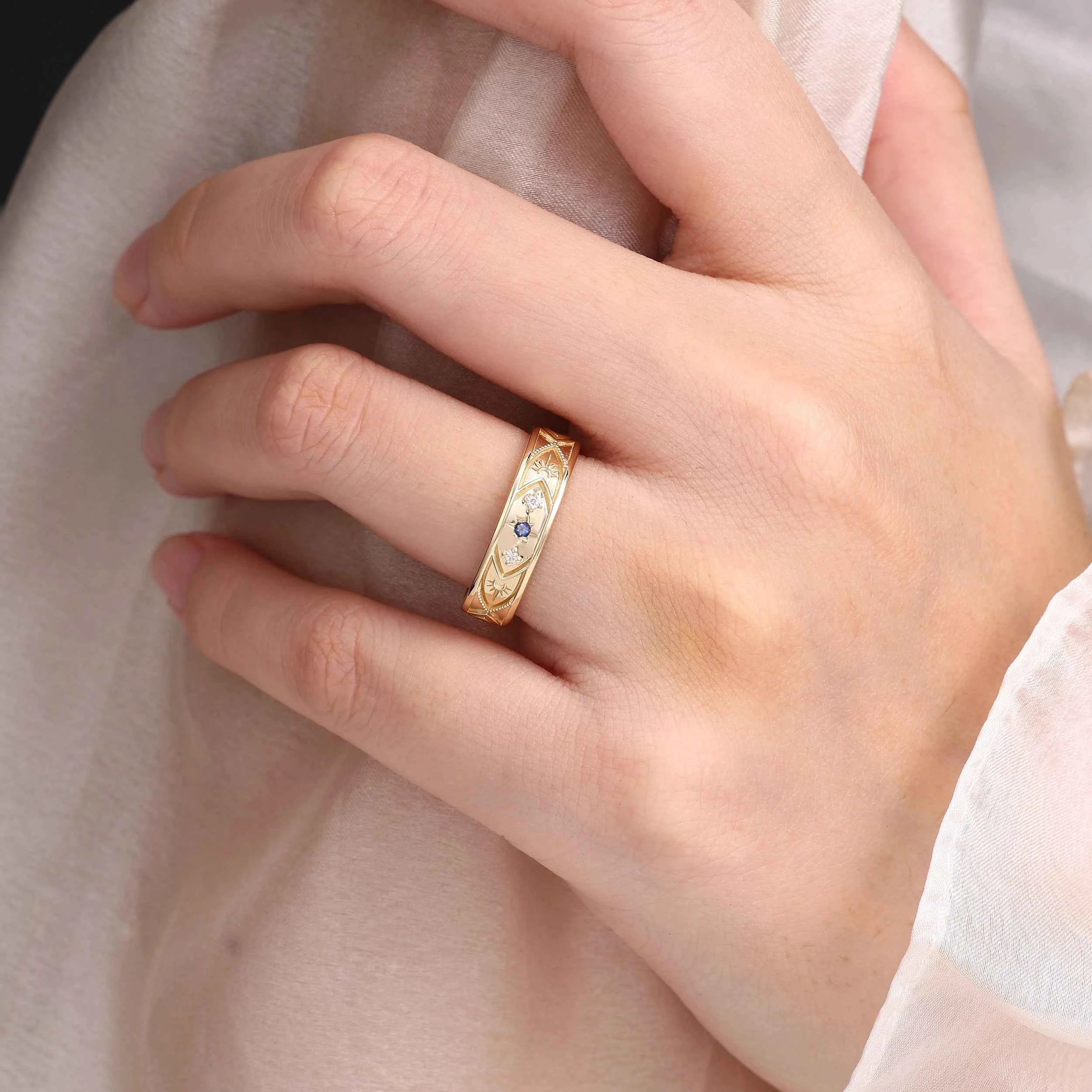 Celestial Moon & Star Sapphire Vintage Men's Wedding Band