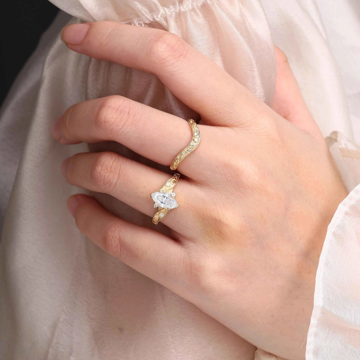 Romantic Victorian Vintage Marquise Cut Moissanite Arabella Bridal Set