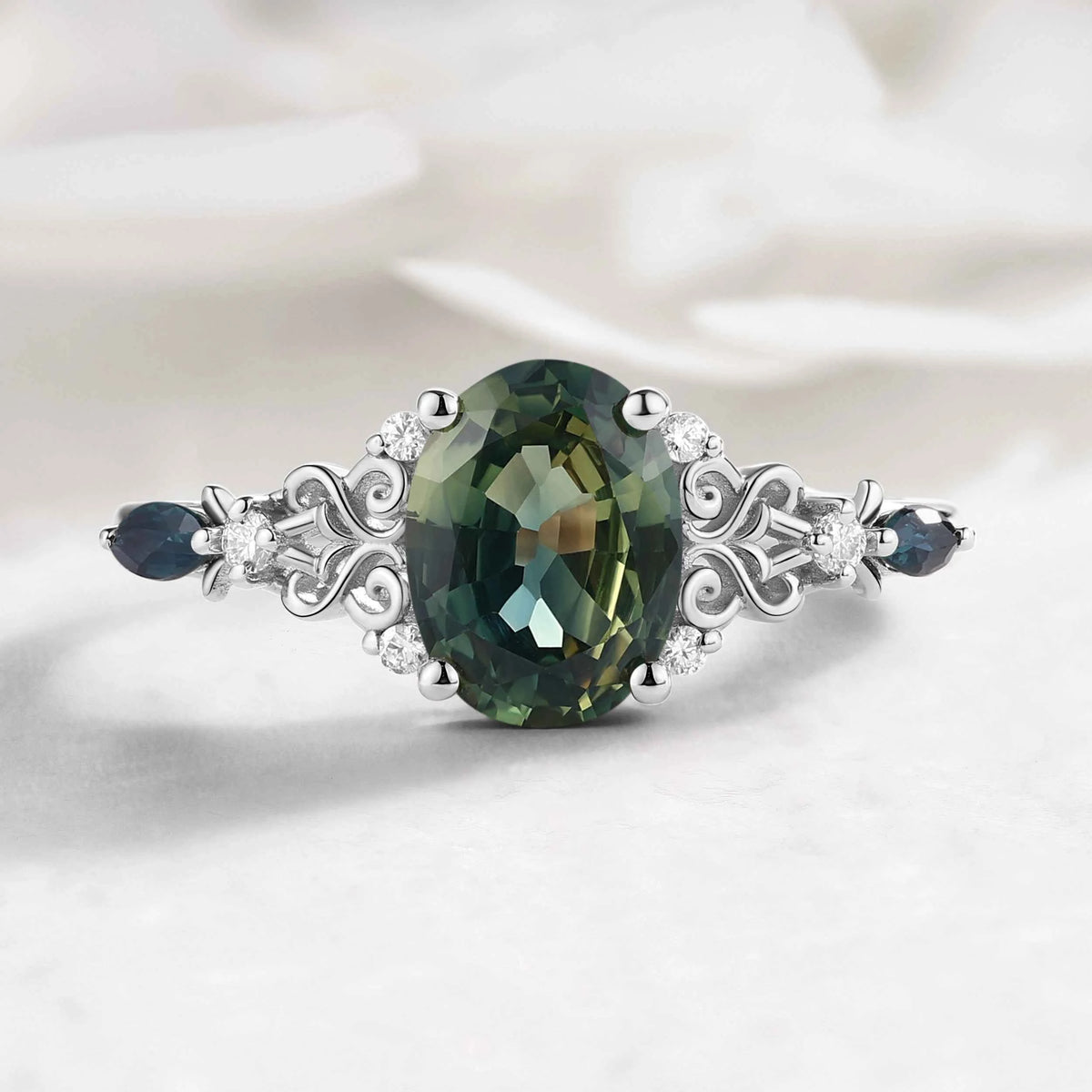 Verdant Court Vintage Oval Cut Natural Green Sapphire Engagement Ring