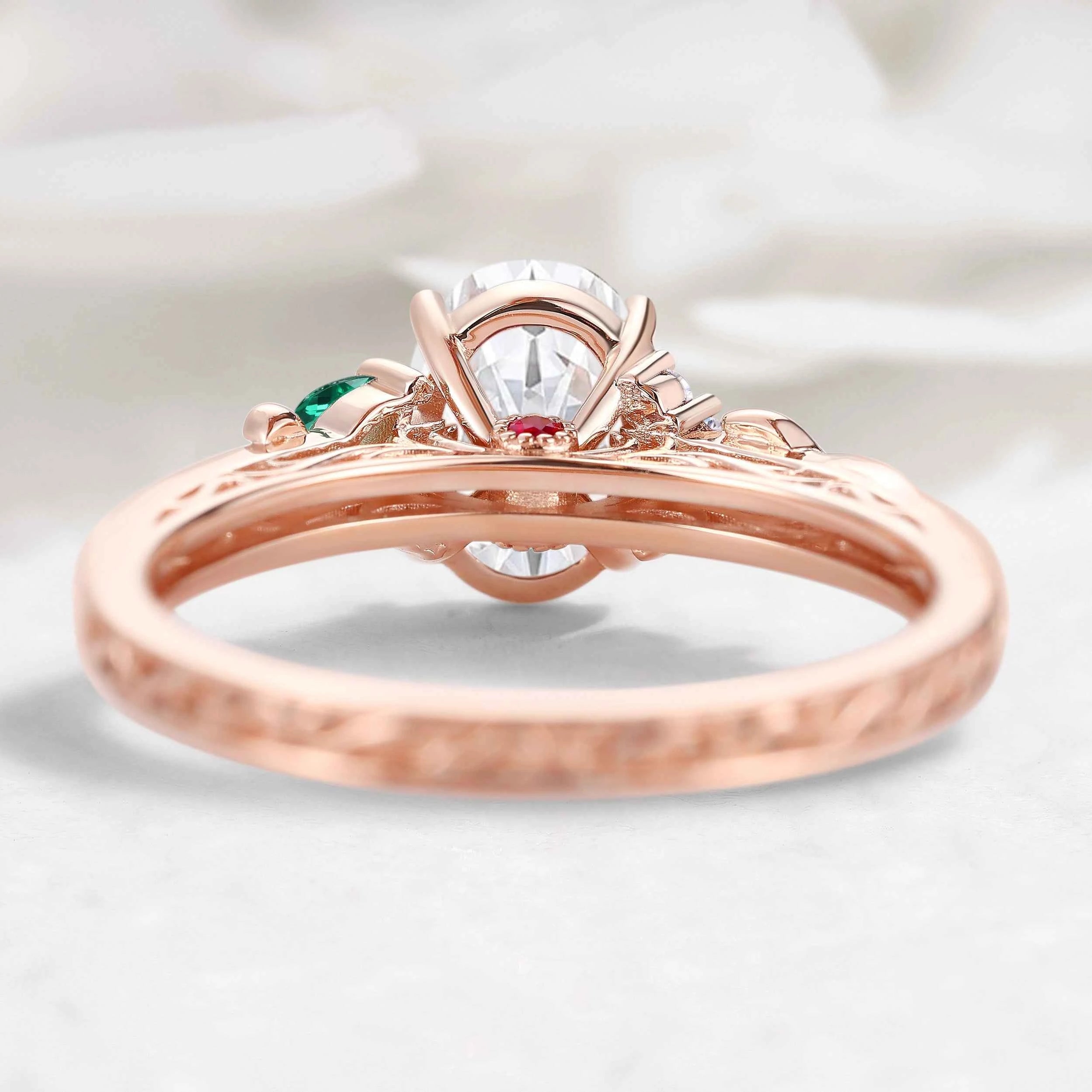Vintage Leaf Oval Moissanite Engagement Ring with Hidden Birthstone - Briony