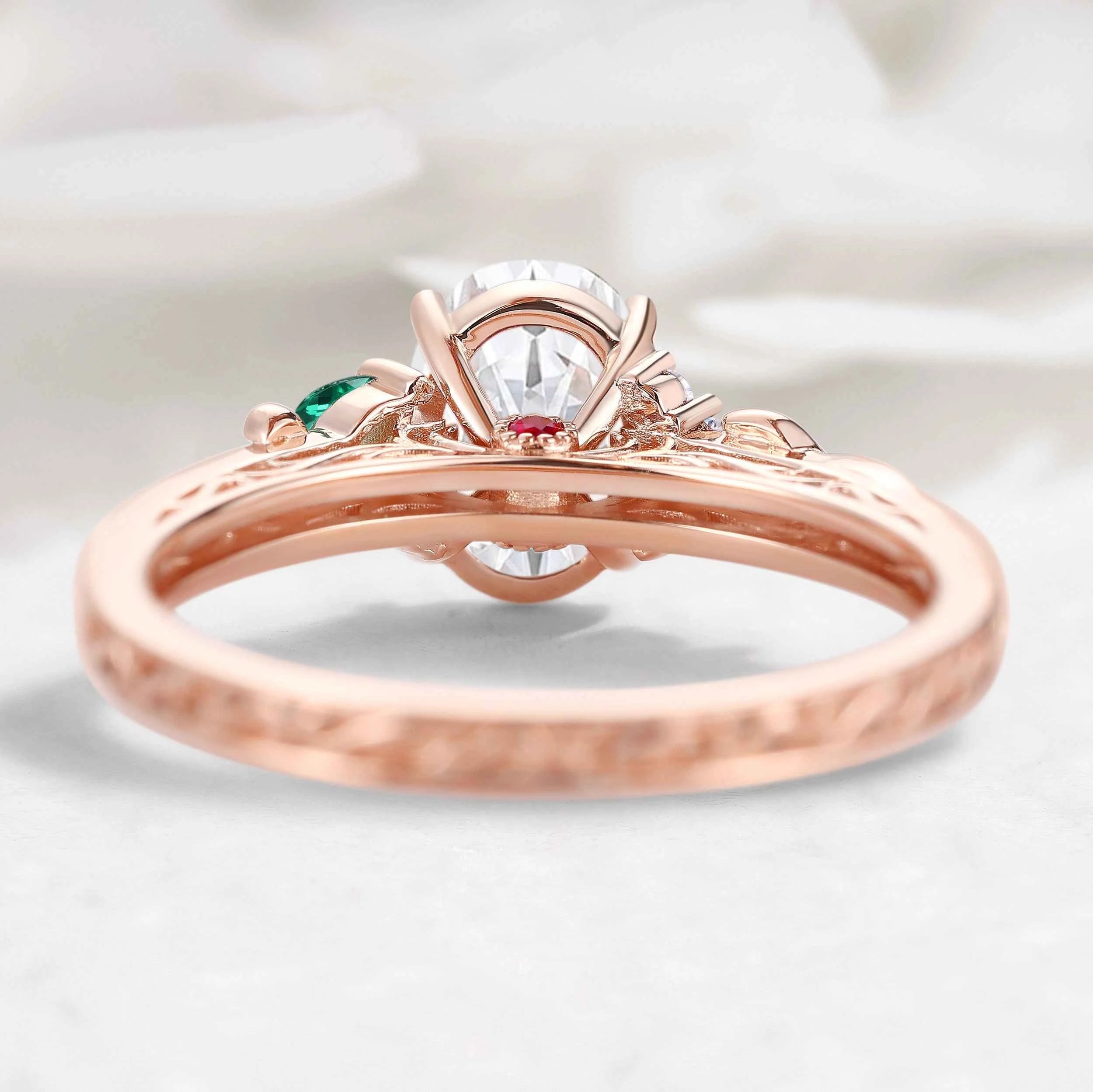 Vintage Leaf Oval Moissanite Engagement Ring with Hidden Birthstone - Briony