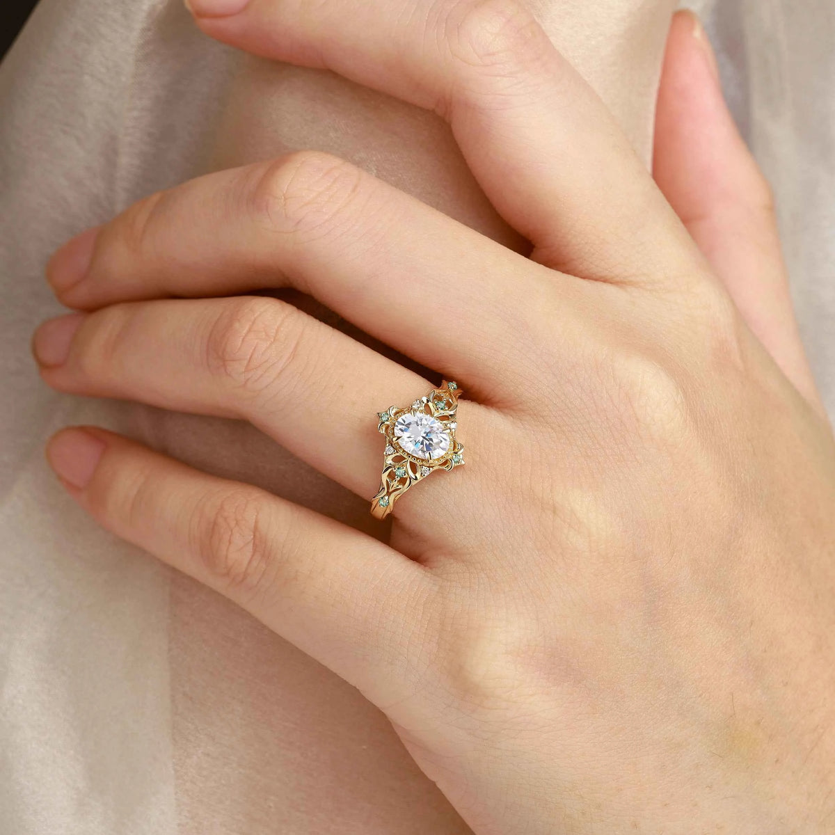 Golden Blossom Vintage Oval-Cut Moissanite Engagement Ring