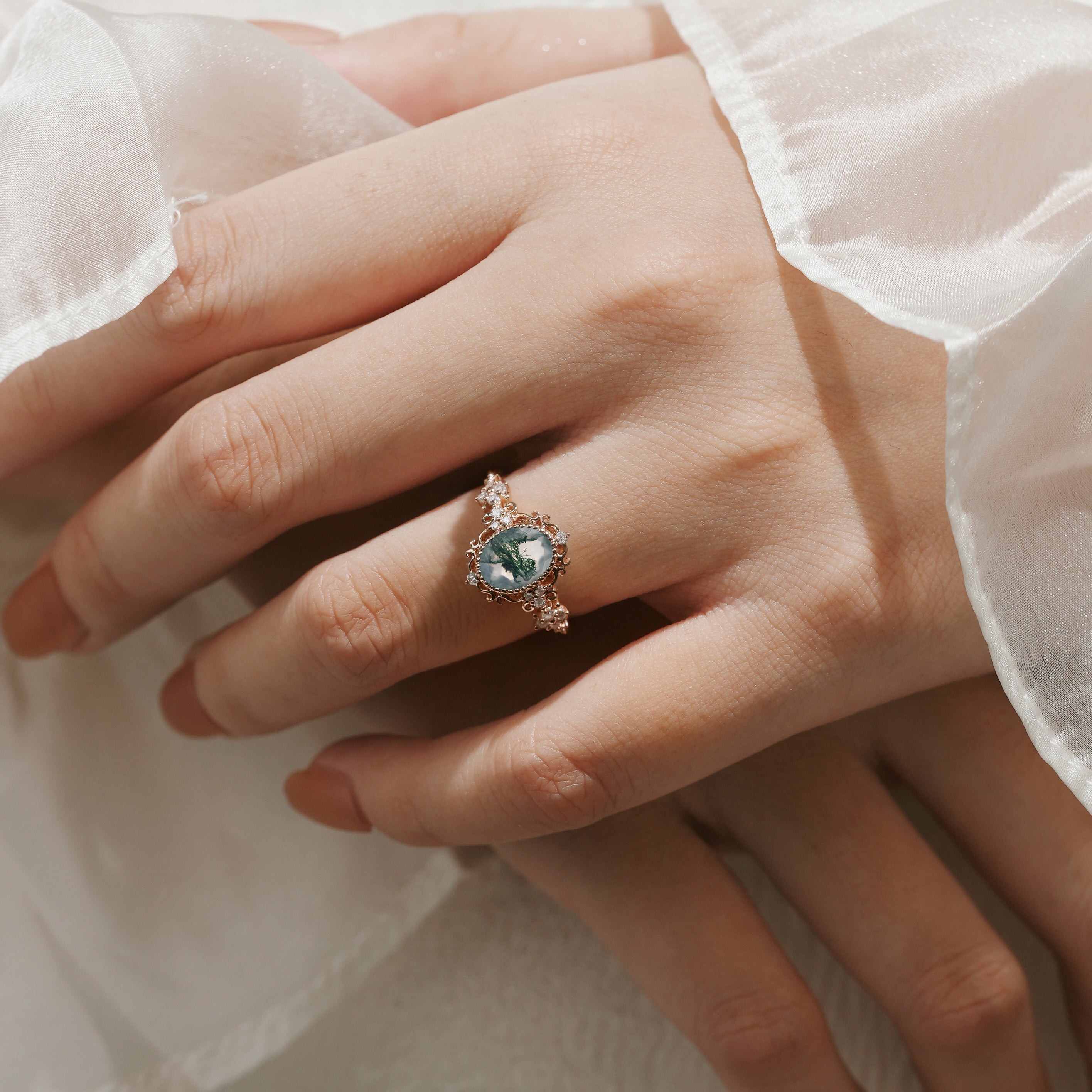 Oval Cut Moss Agate Vintage Engagement Ring - Lahela Jewelry