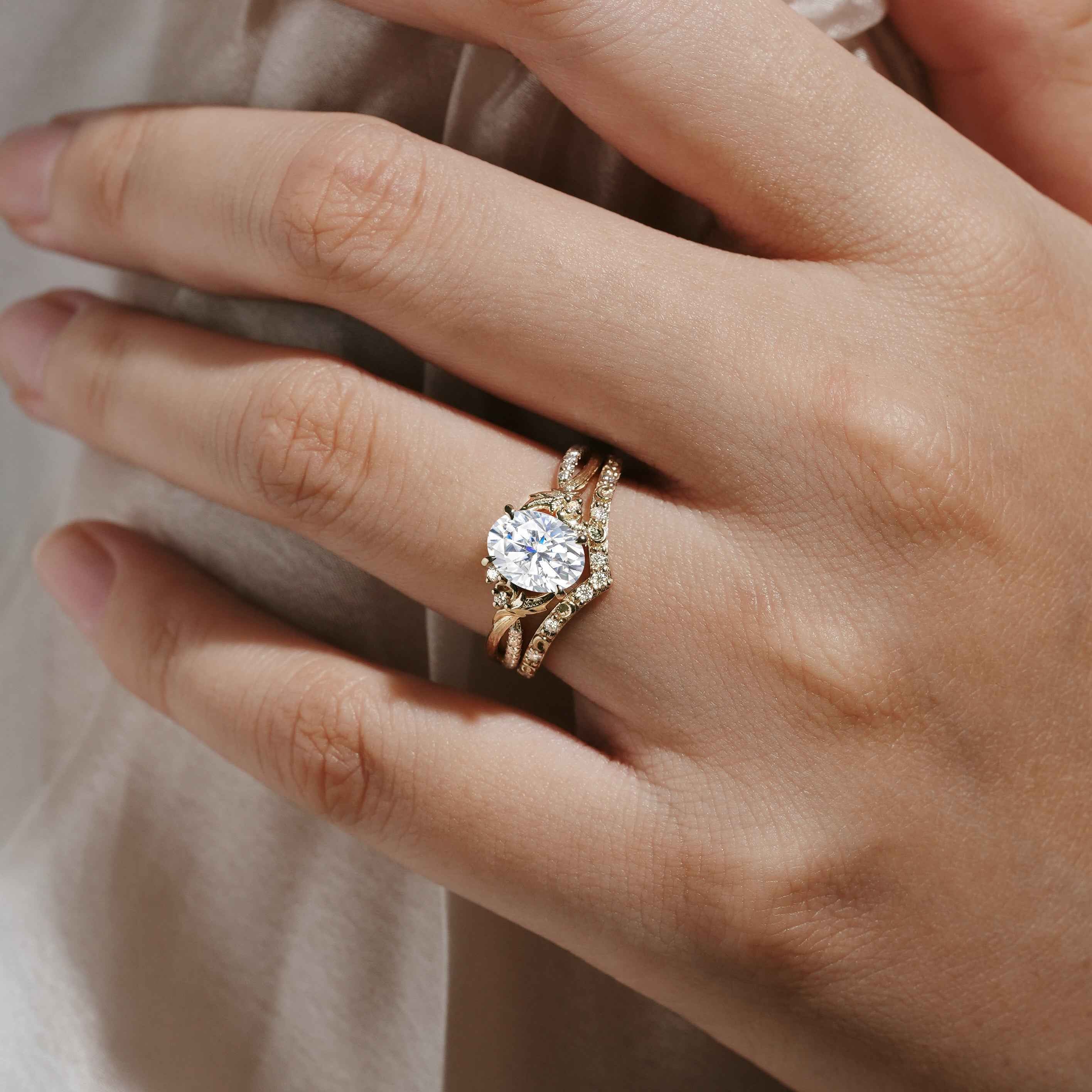 Lab Diamond Leaf Bark Texture Engagement Ring Sets 2pcs For Anika