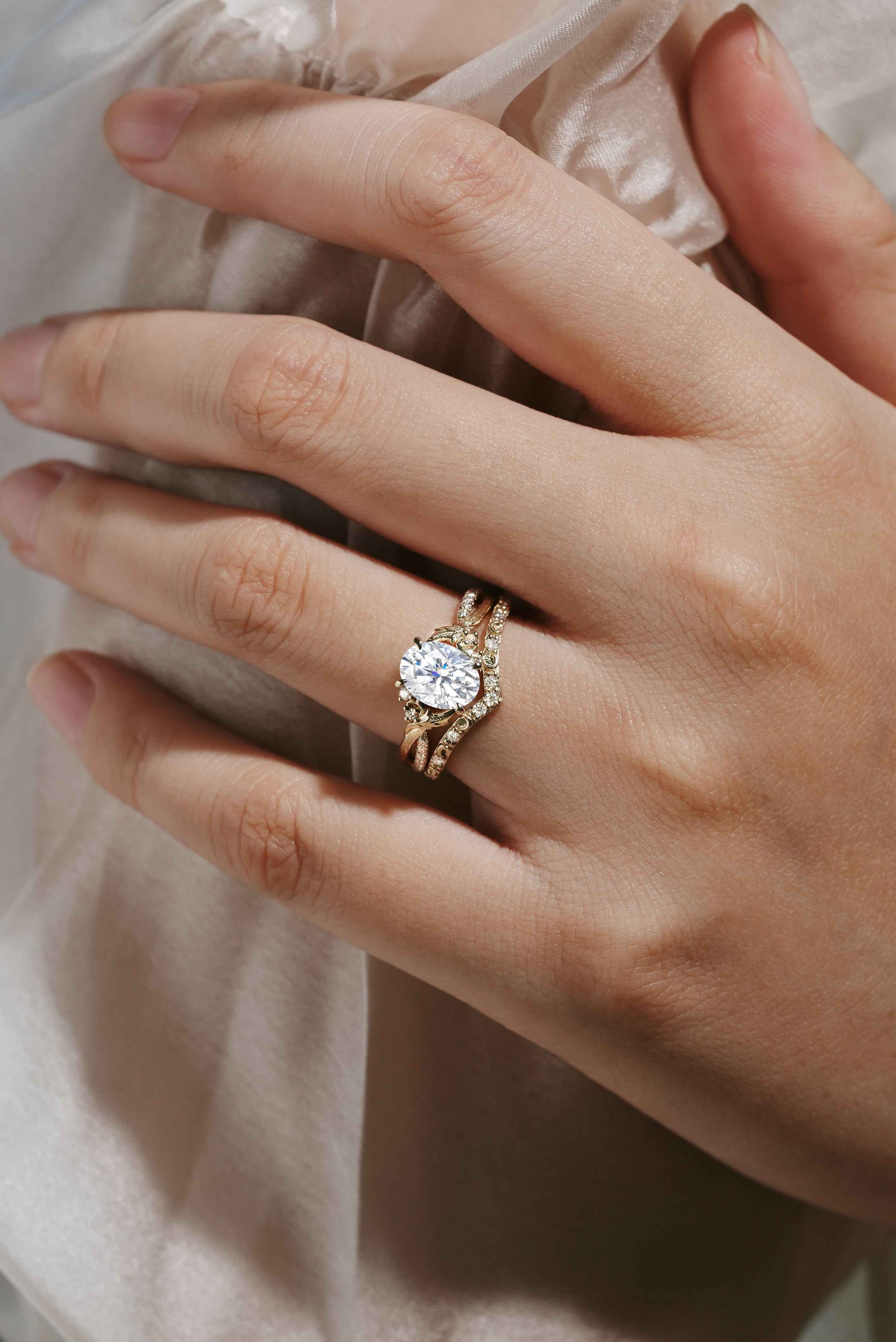 Lab Diamond Leaf Bark Texture Engagement Ring Sets 2pcs For Anika