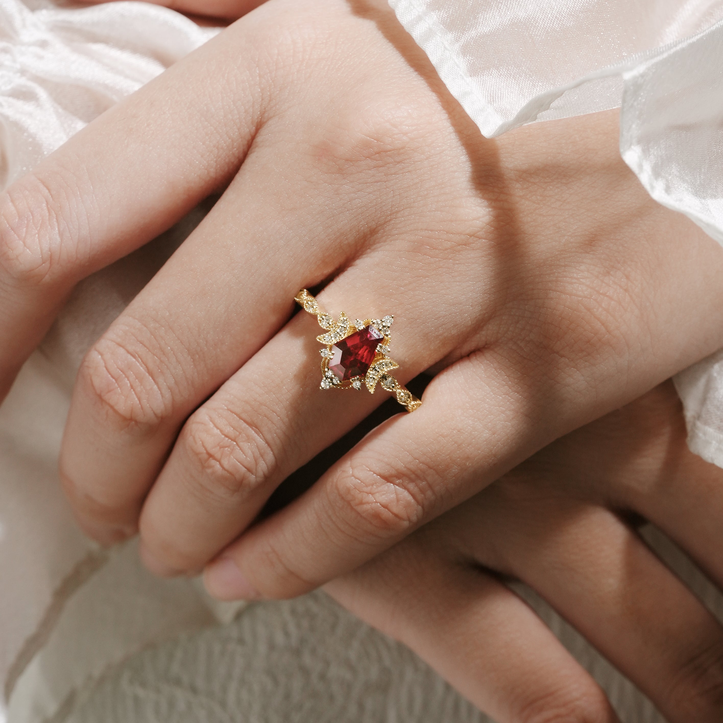 Yellow gold engagement ring with a coffin-cut lab grown ruby and moissanite accents, bridal set.