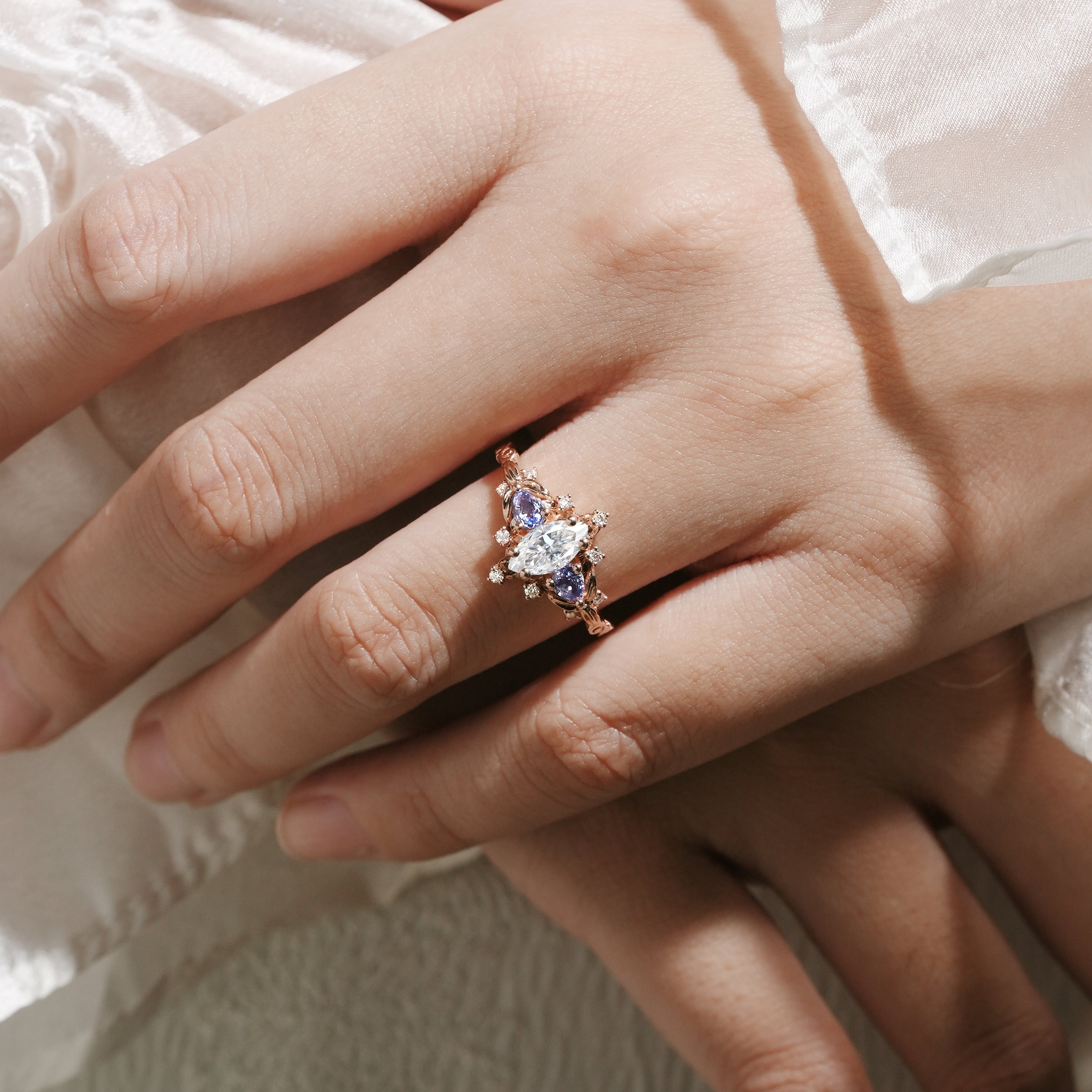Rose Gold Marquise Moissanite and Sapphire Cluster Ring