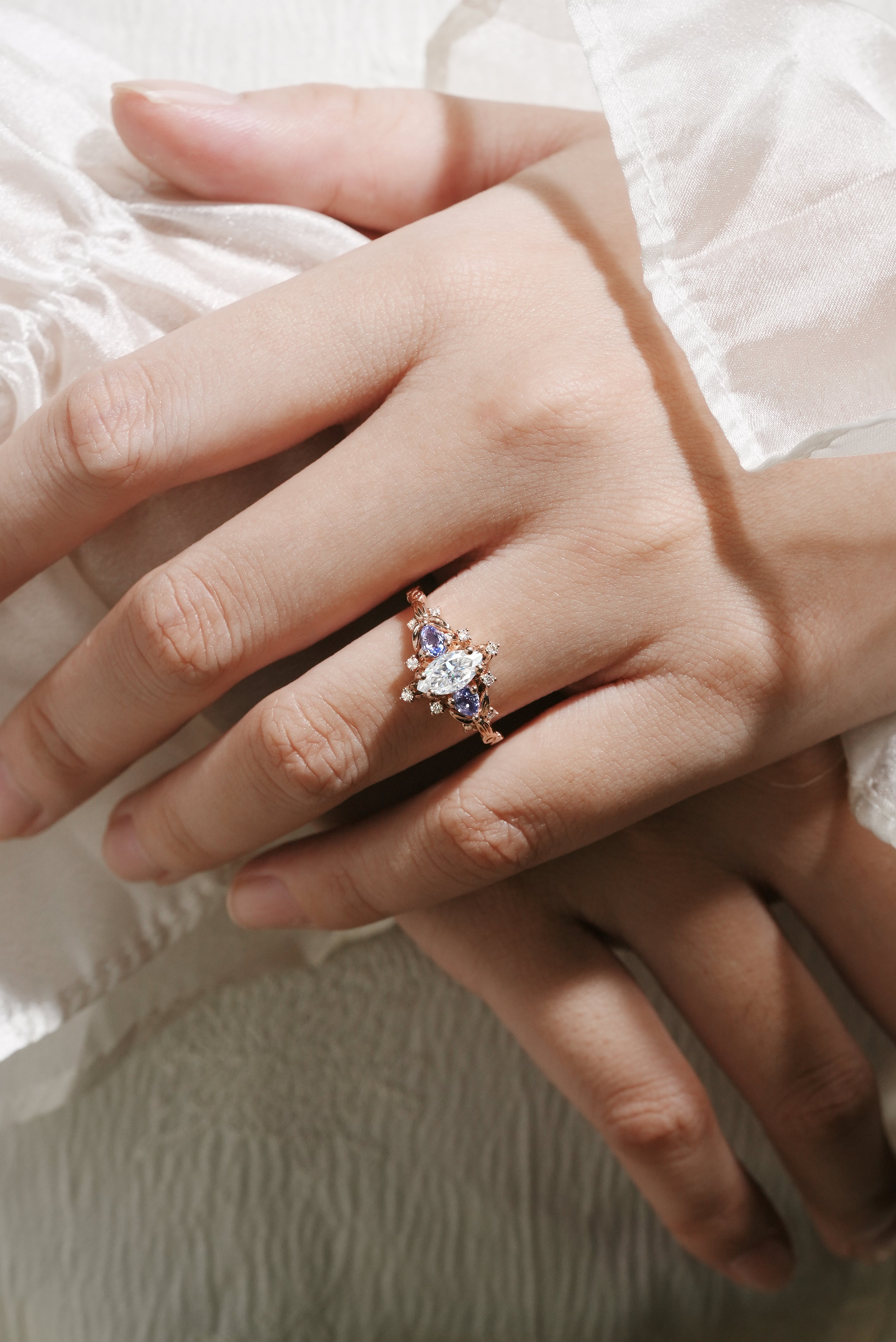 Rose Gold Marquise Moissanite and Sapphire Cluster Ring