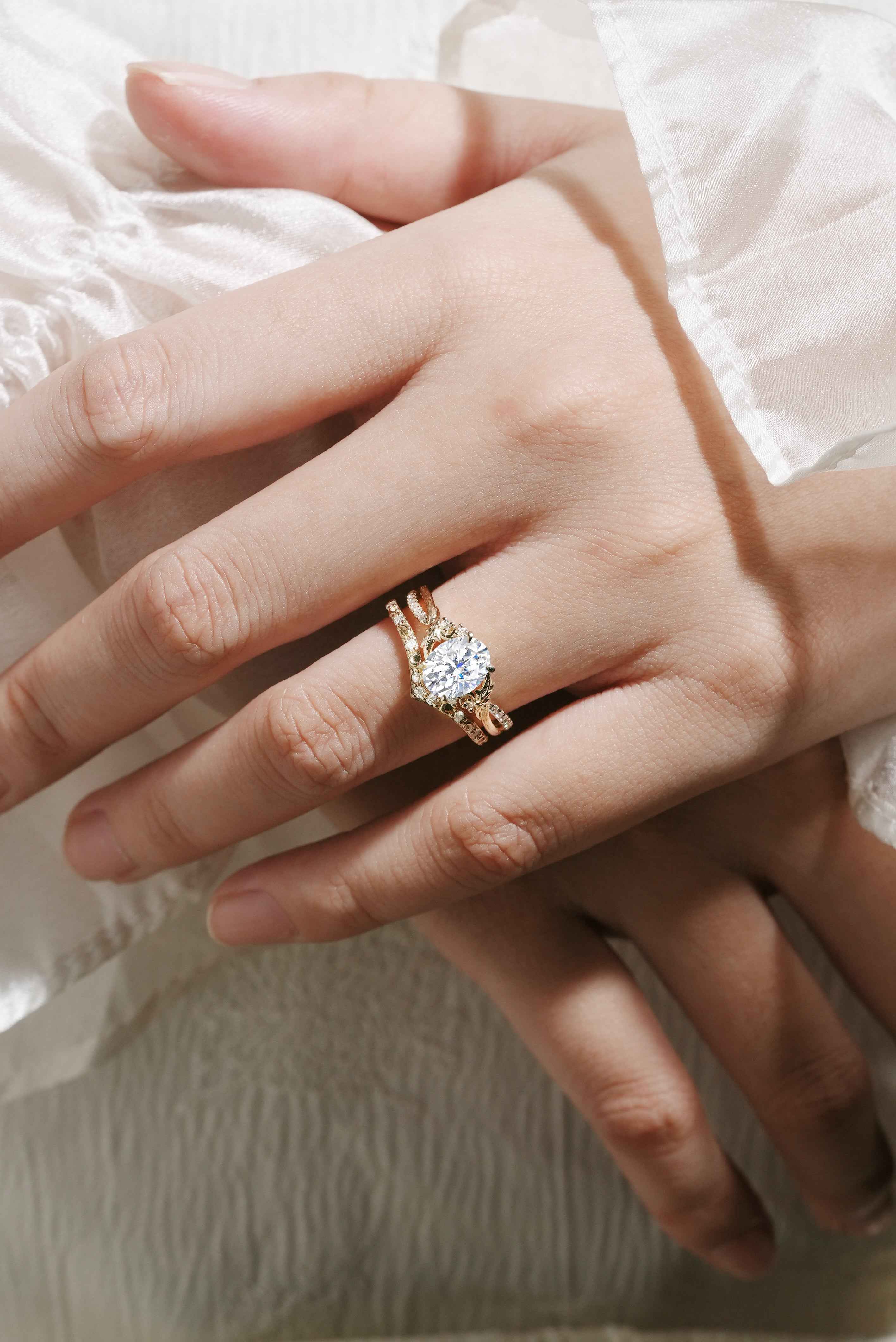 Lab Diamond Leaf Bark Texture Engagement Ring Sets 2pcs For Anika