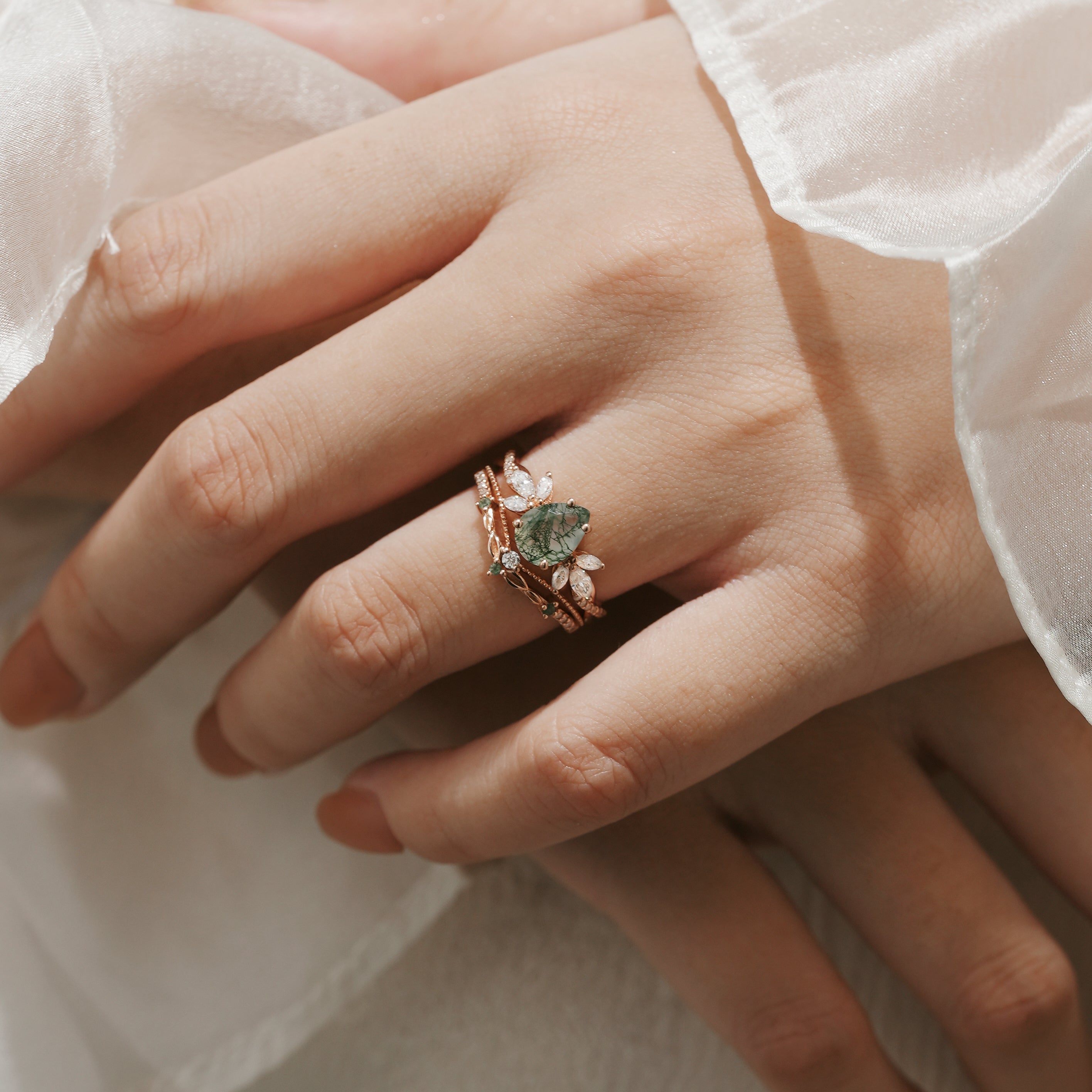 Rose gold moss agate ring and leaf wedding band, nature-inspired design