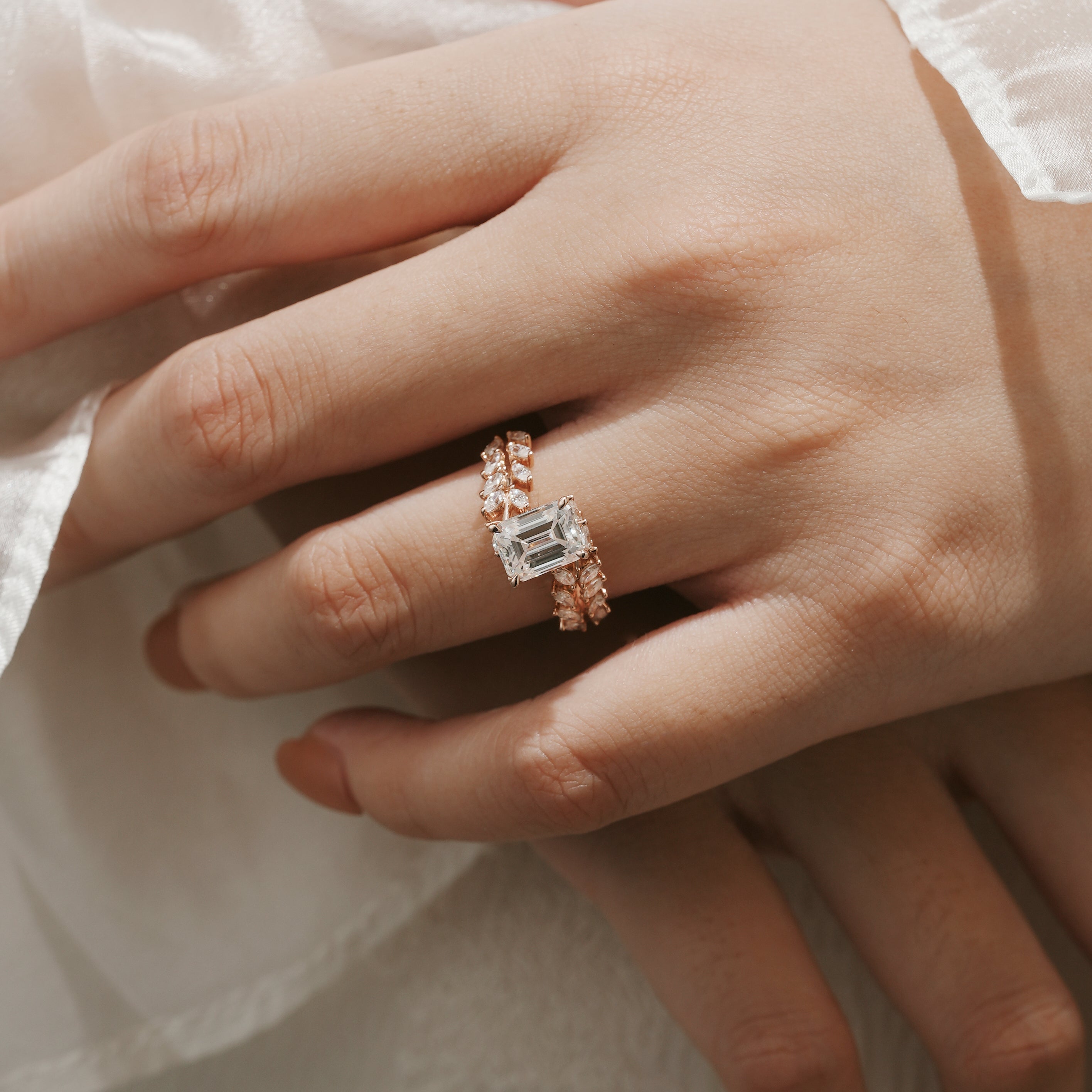 Emerald Cut Moissanite Ring on Hand, Leaf Branch Design