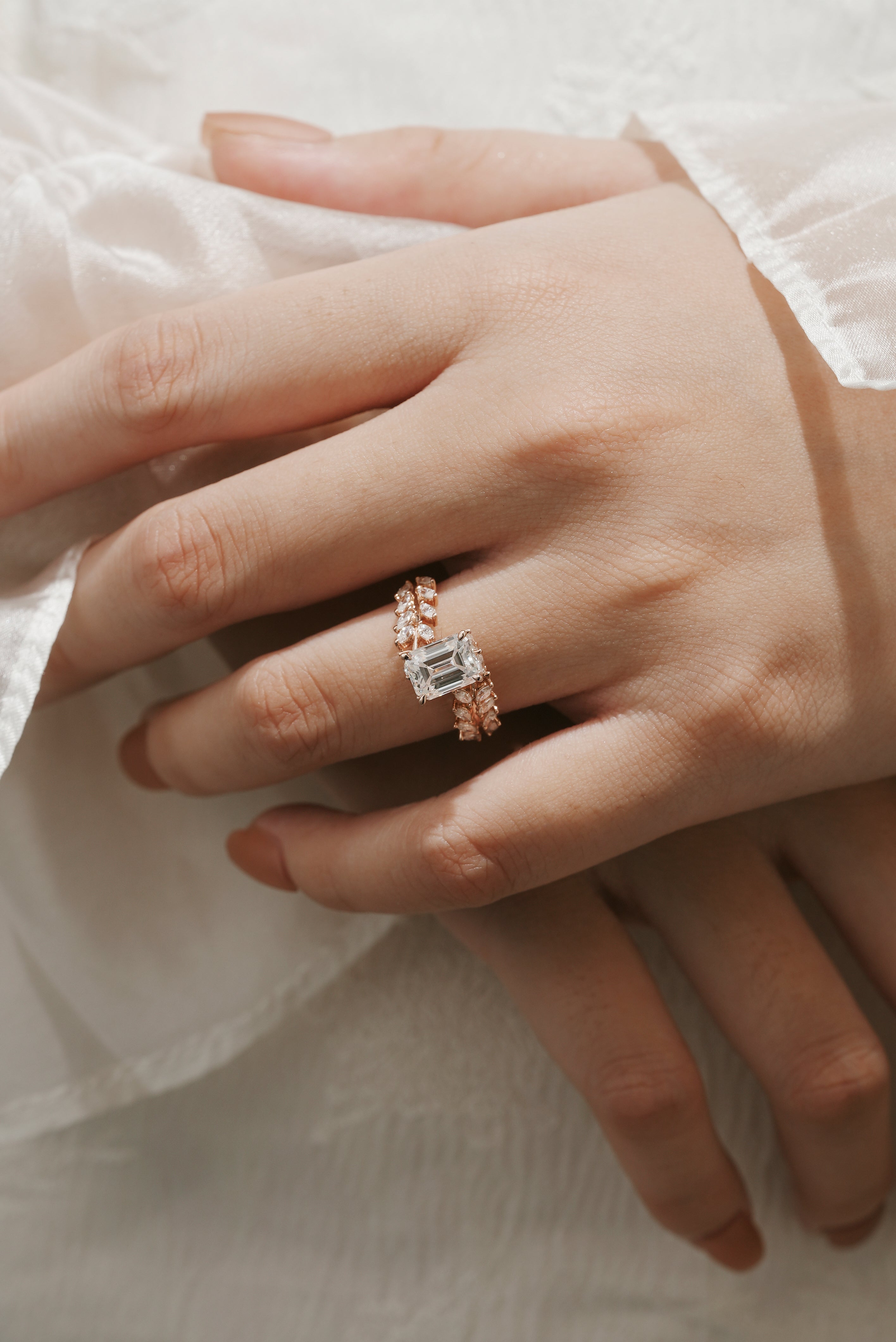 Emerald Cut Moissanite Ring on Hand, Leaf Branch Design