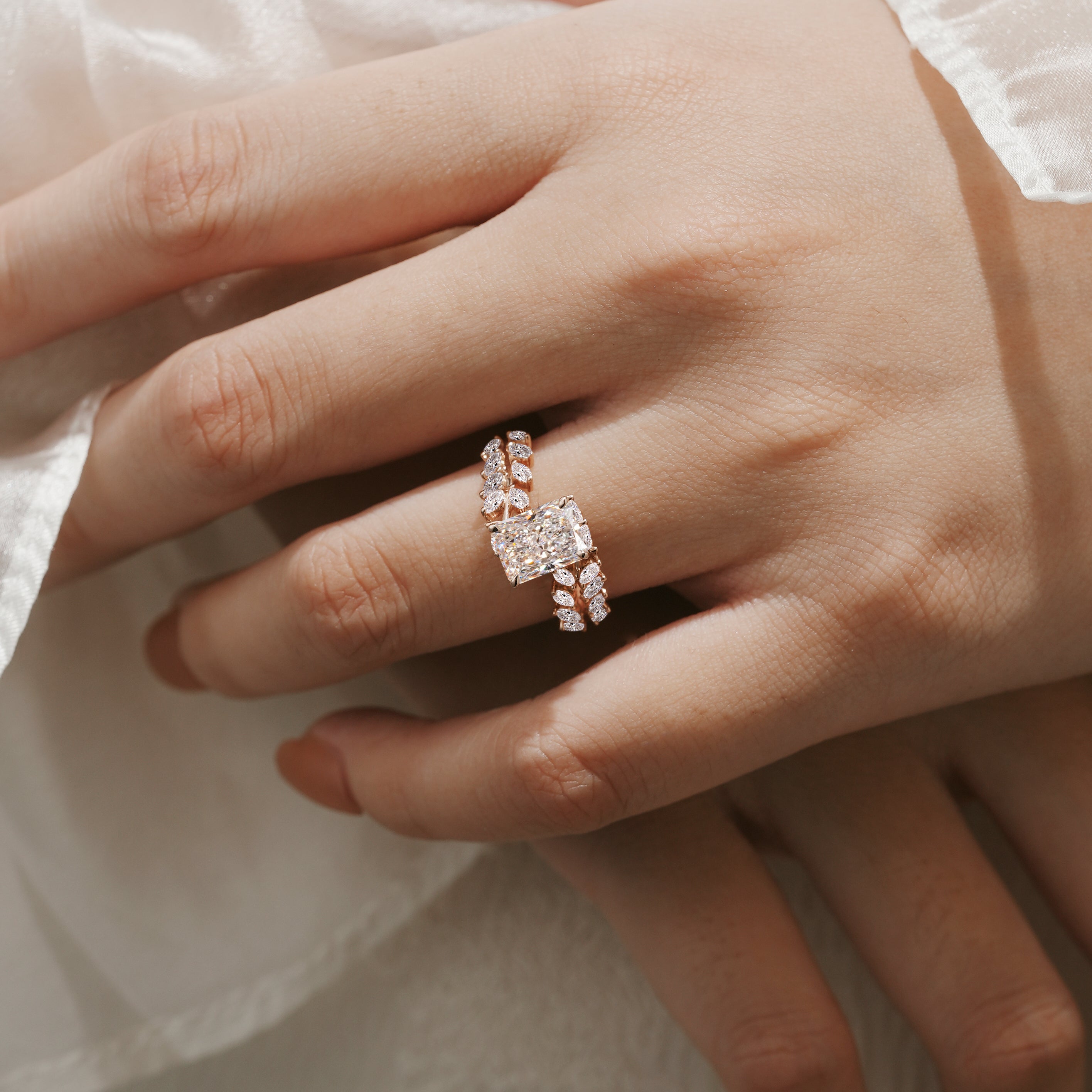 Emerald cut diamond engagement ring, leaf design, Lahela Jewelry