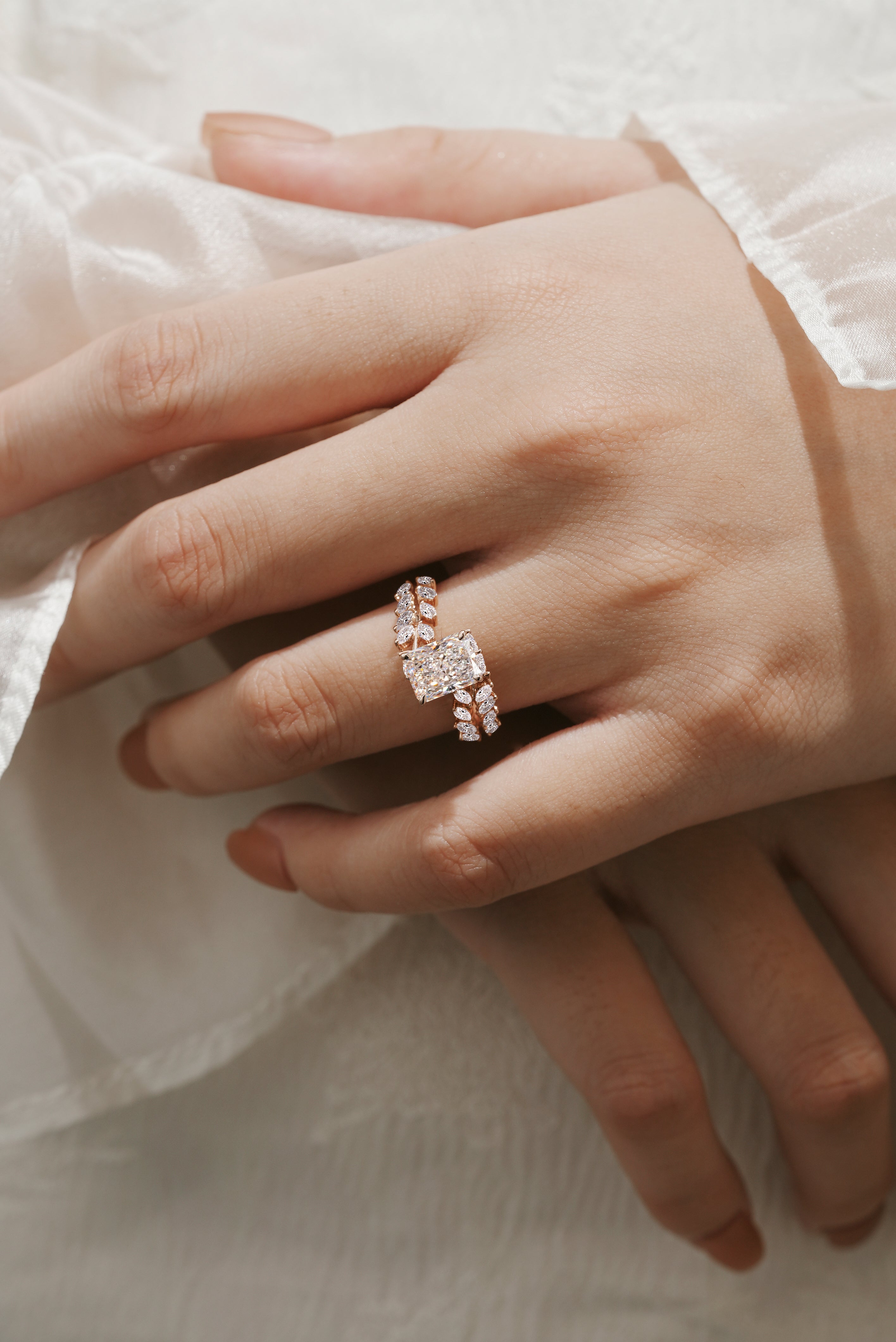 Emerald cut diamond engagement ring, leaf design, Lahela Jewelry