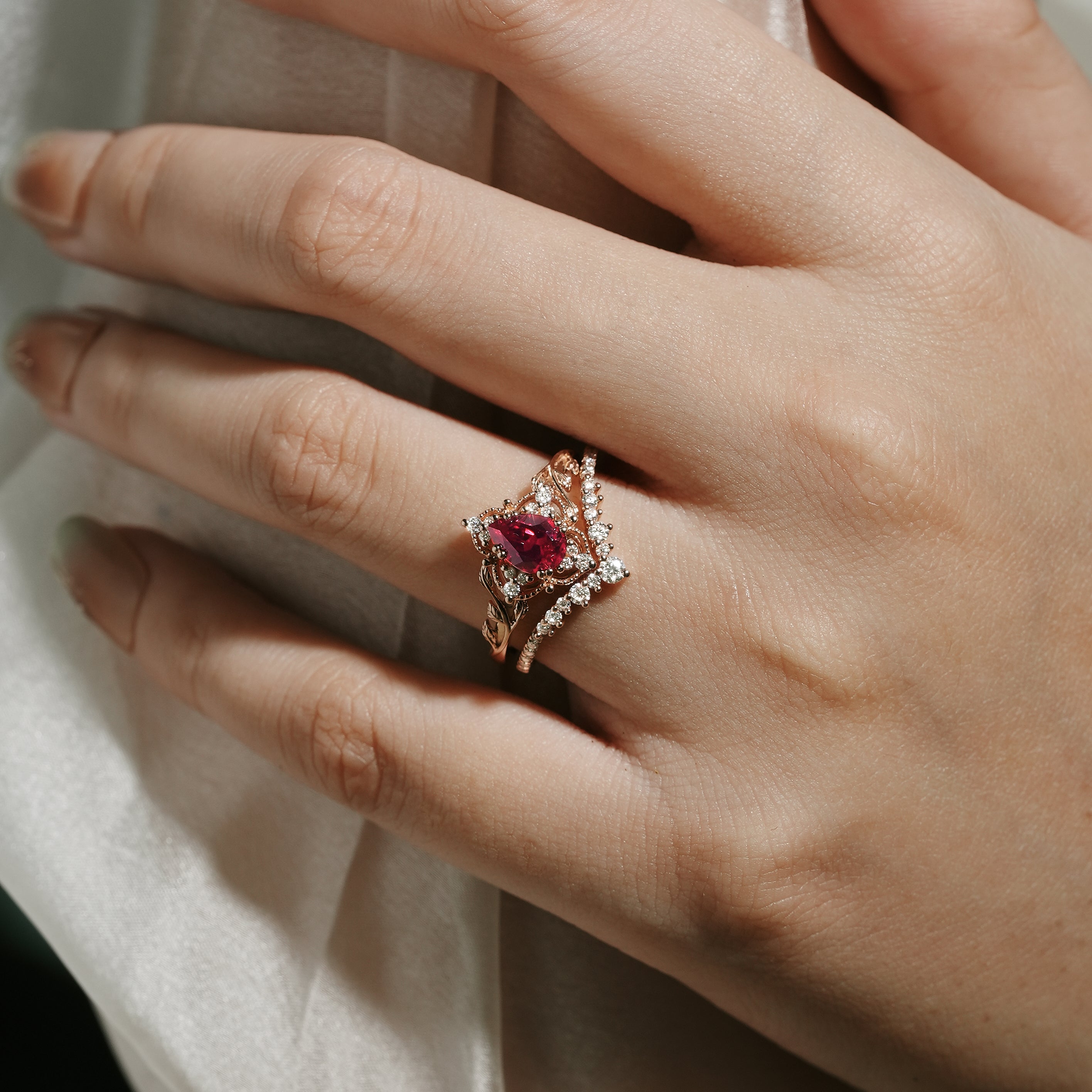 Lab Ruby Leaf Engagement Ring Set on Hand