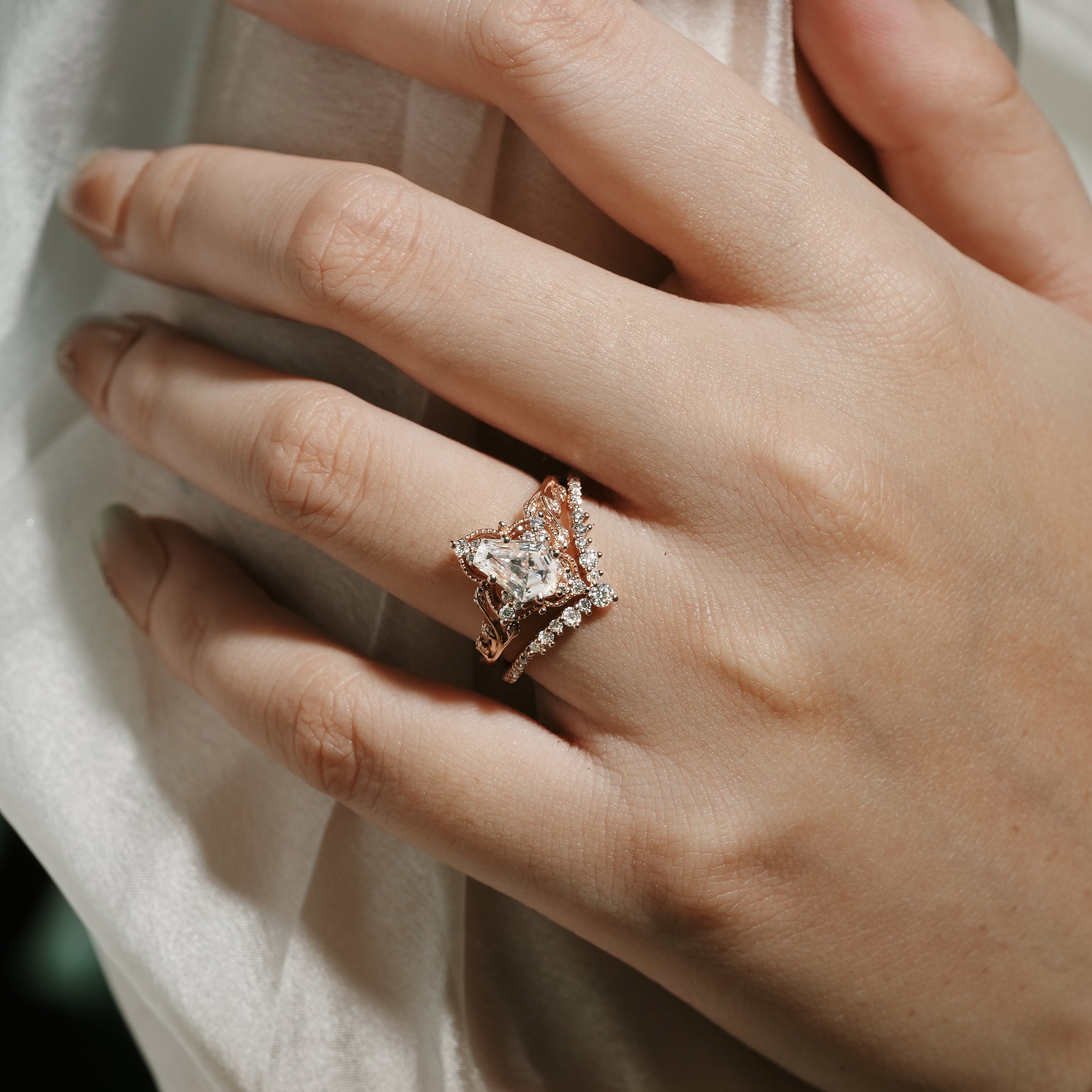 Rose gold coffin cut moissanite engagement ring and wedding band