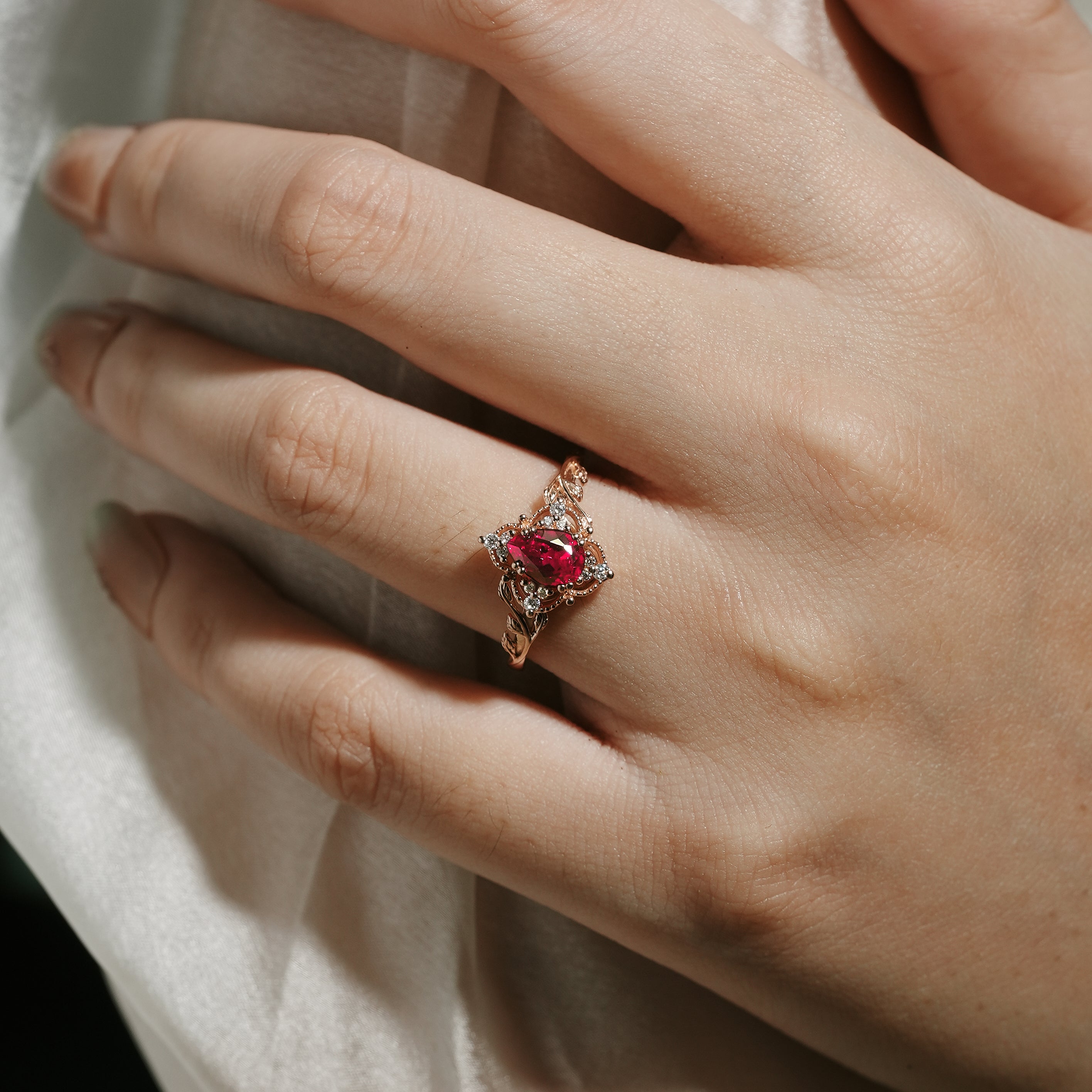 Rose Gold Leaf Inspired Ruby Engagement Ring