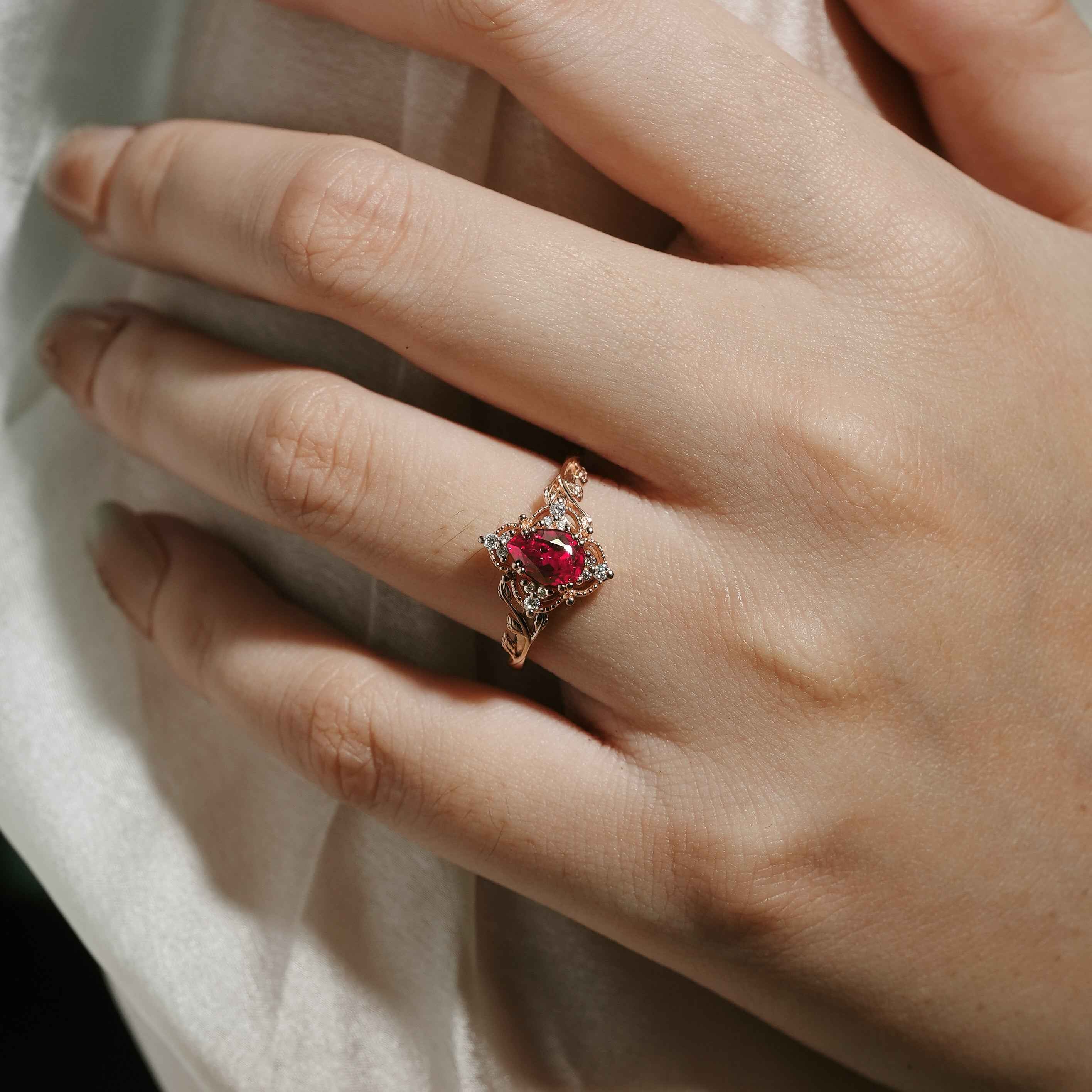 Custom Kite Cut Lab Ruby Ring Nature Inspired Leaf Engagement Ring with Pink Sapphire Accent Stone