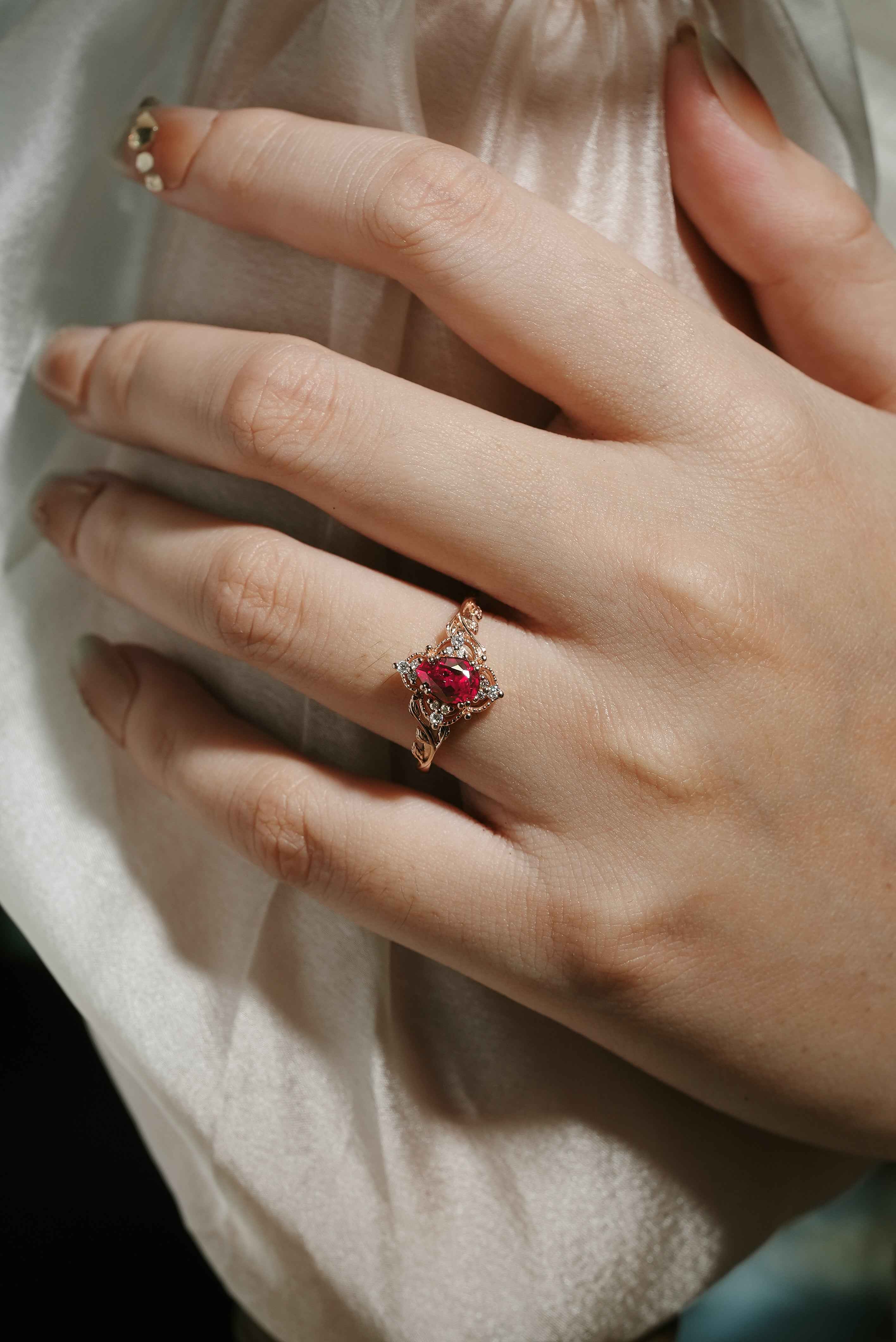 Custom Kite Cut Lab Ruby Ring Nature Inspired Leaf Engagement Ring with Pink Sapphire Accent Stone