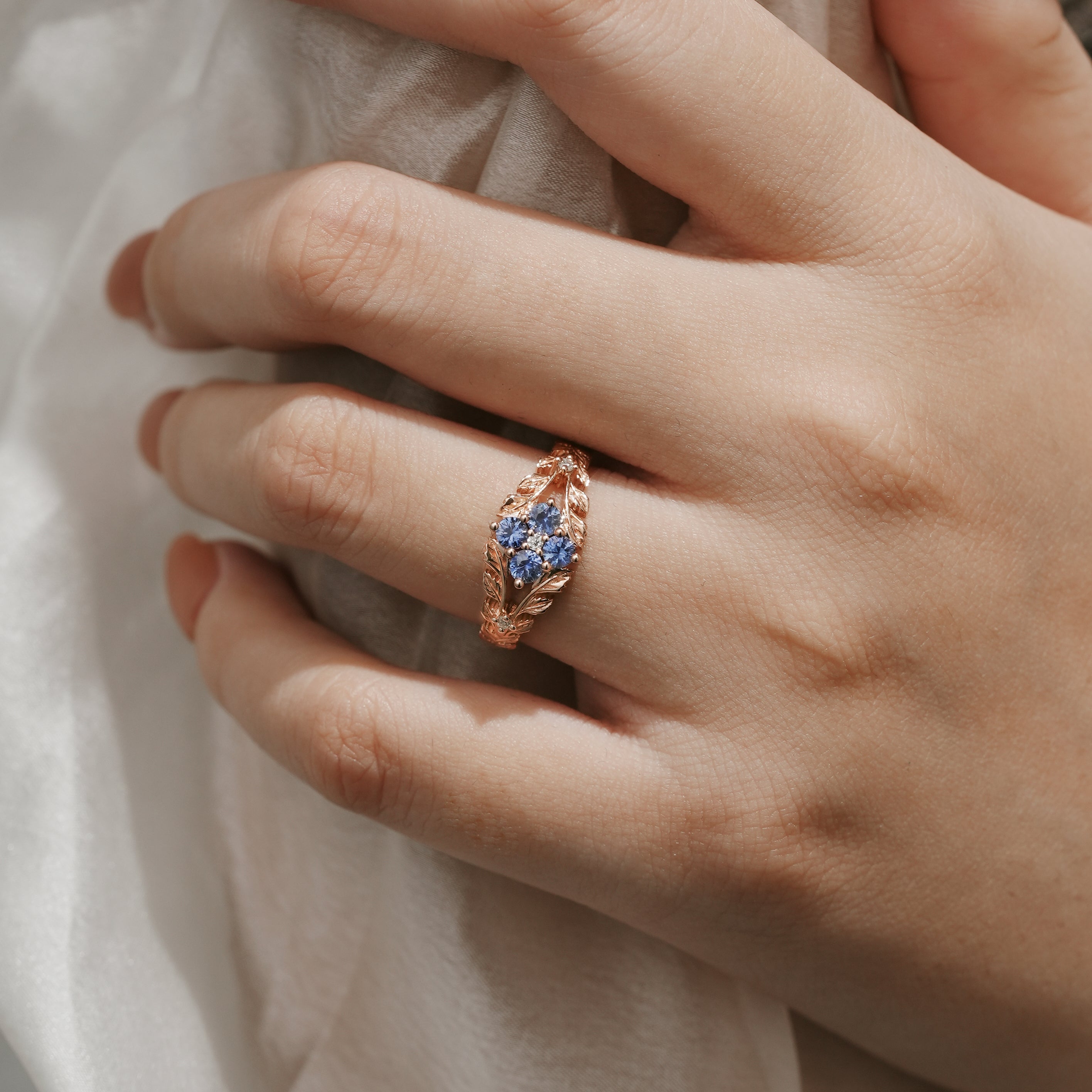 Rose gold Cornflower sapphire leaf engagement ring, nature-inspired