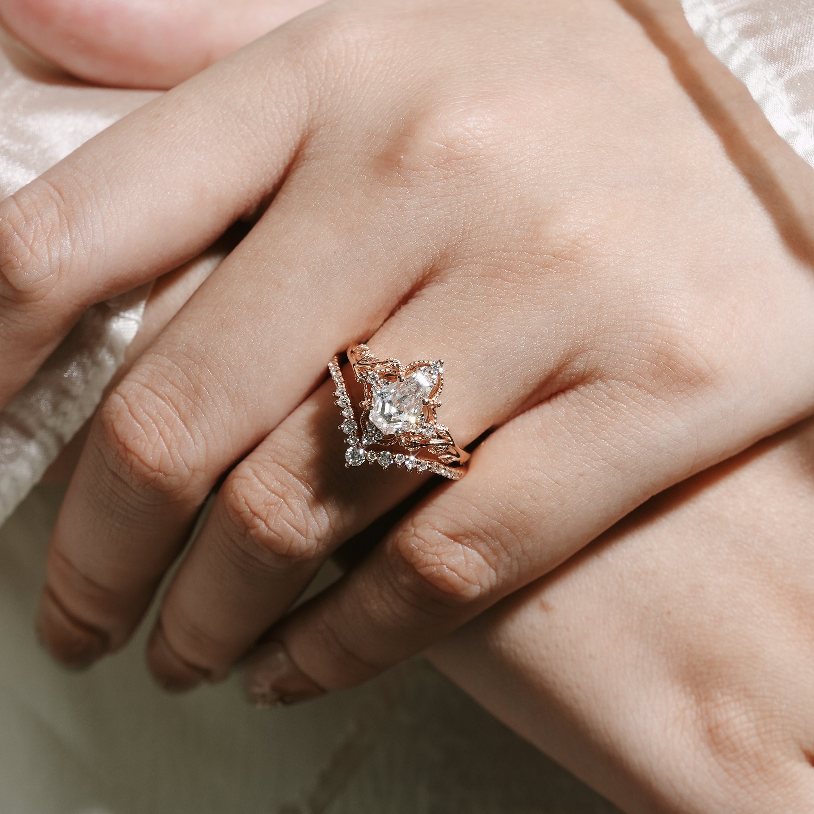 Rose gold leaf engagement ring with coffin cut moissanite, Lahela Jewelry