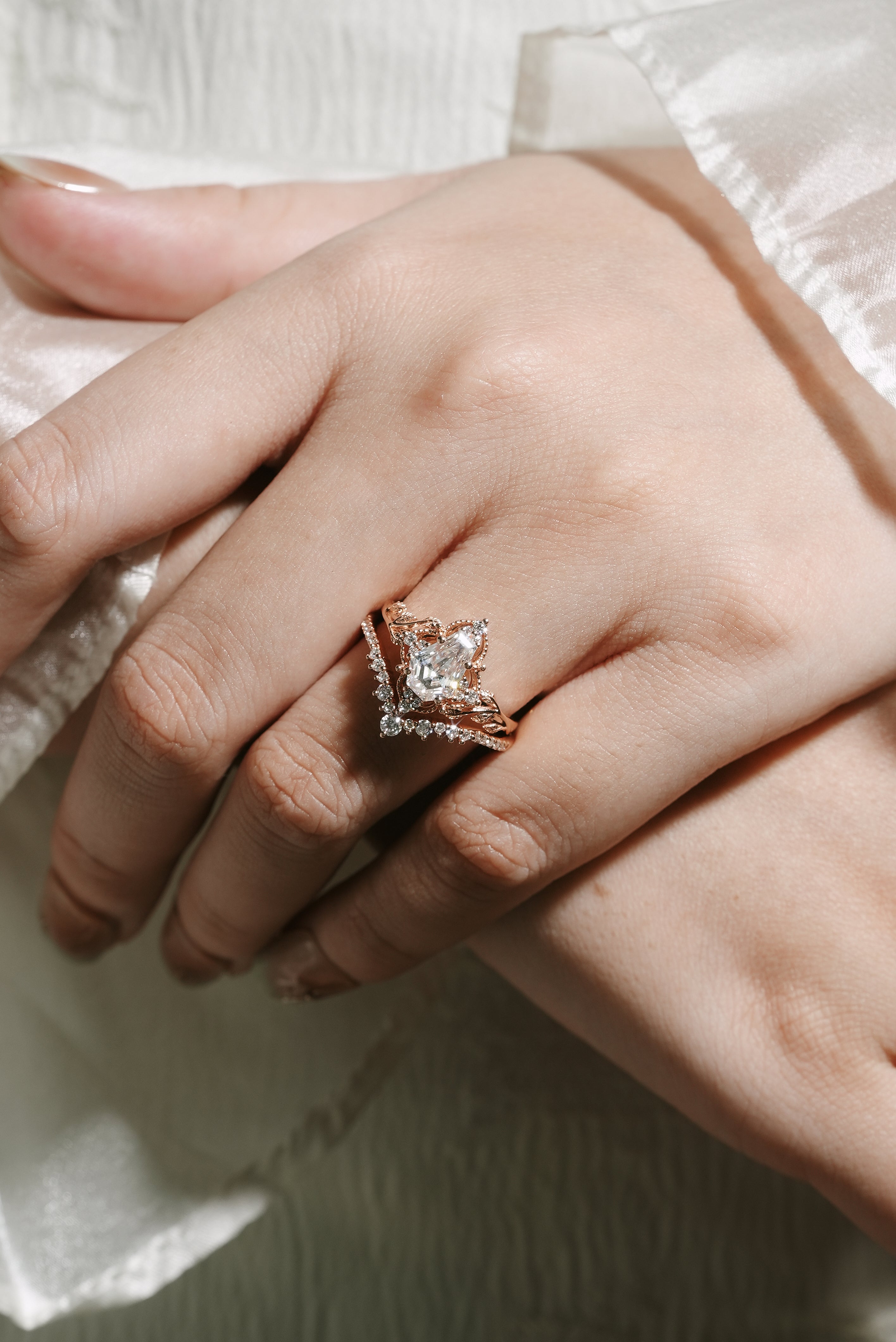 Rose gold leaf engagement ring with coffin cut moissanite, Lahela Jewelry