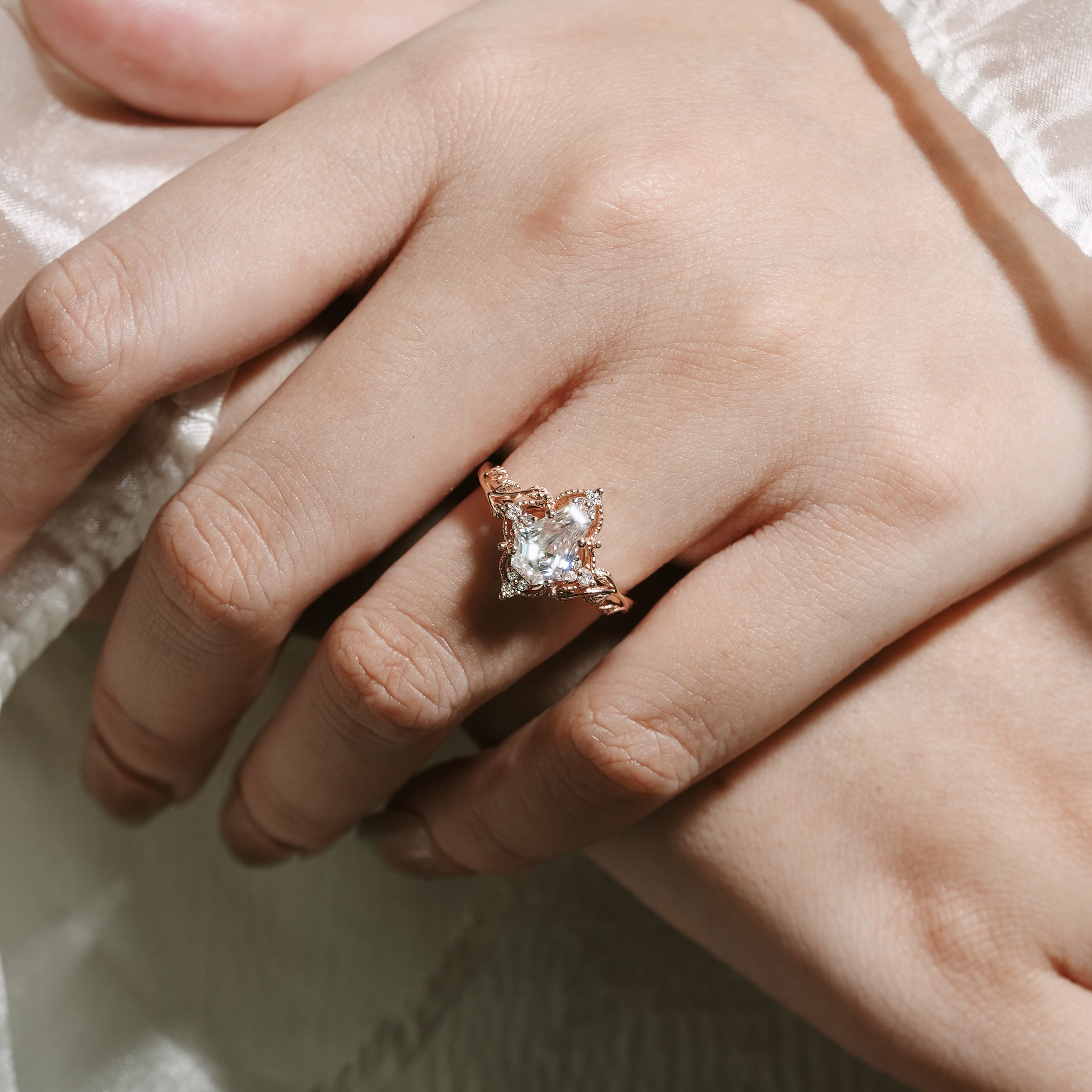 Rose gold coffin cut moissanite engagement ring, unique leaf design