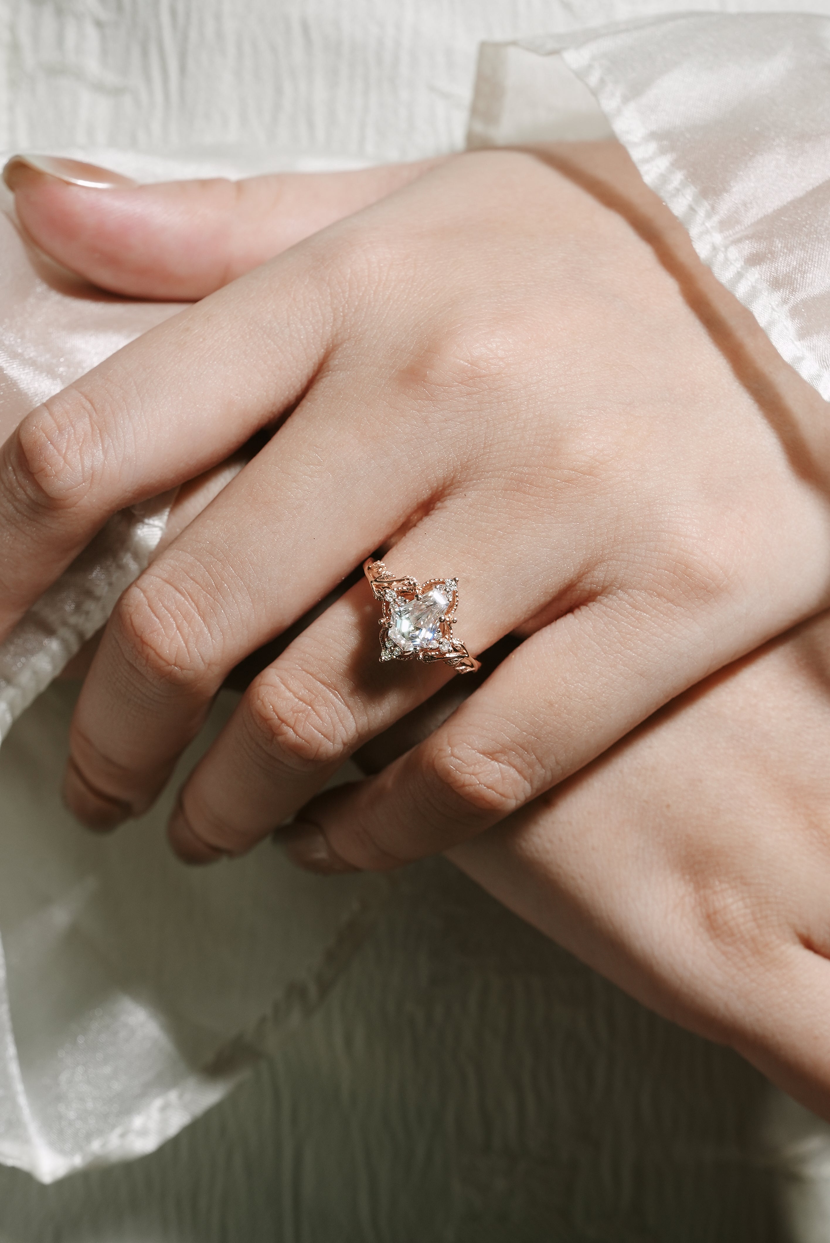 Rose gold coffin cut moissanite engagement ring, unique leaf design