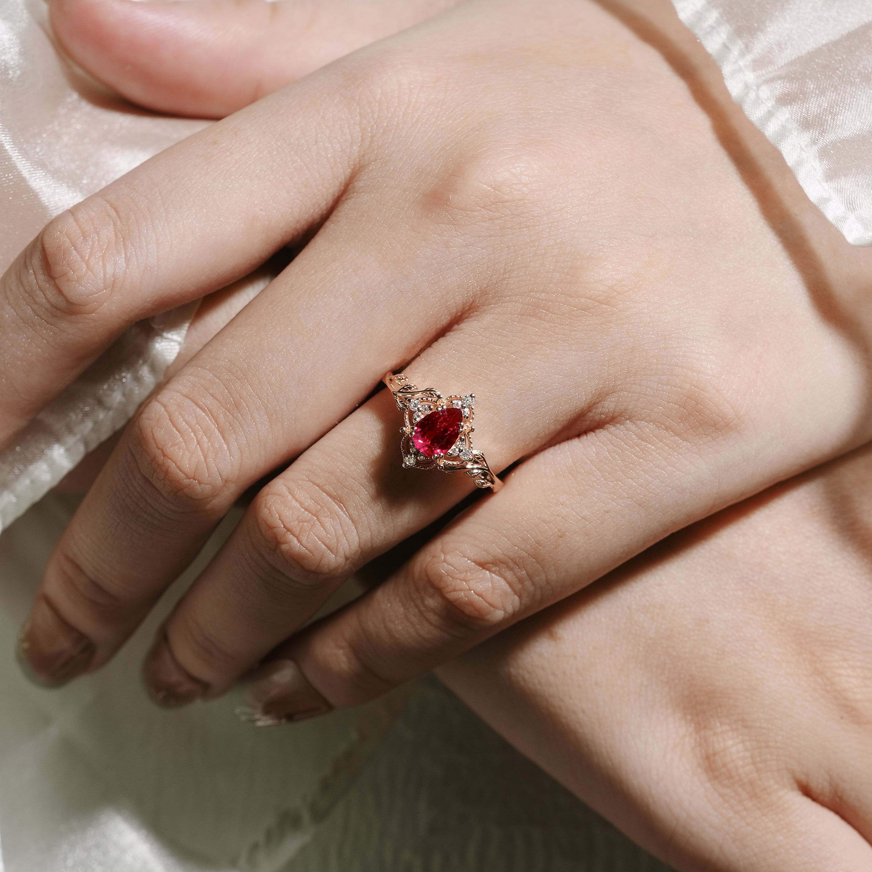 Rose Gold Pear Cut Ruby Engagement Ring