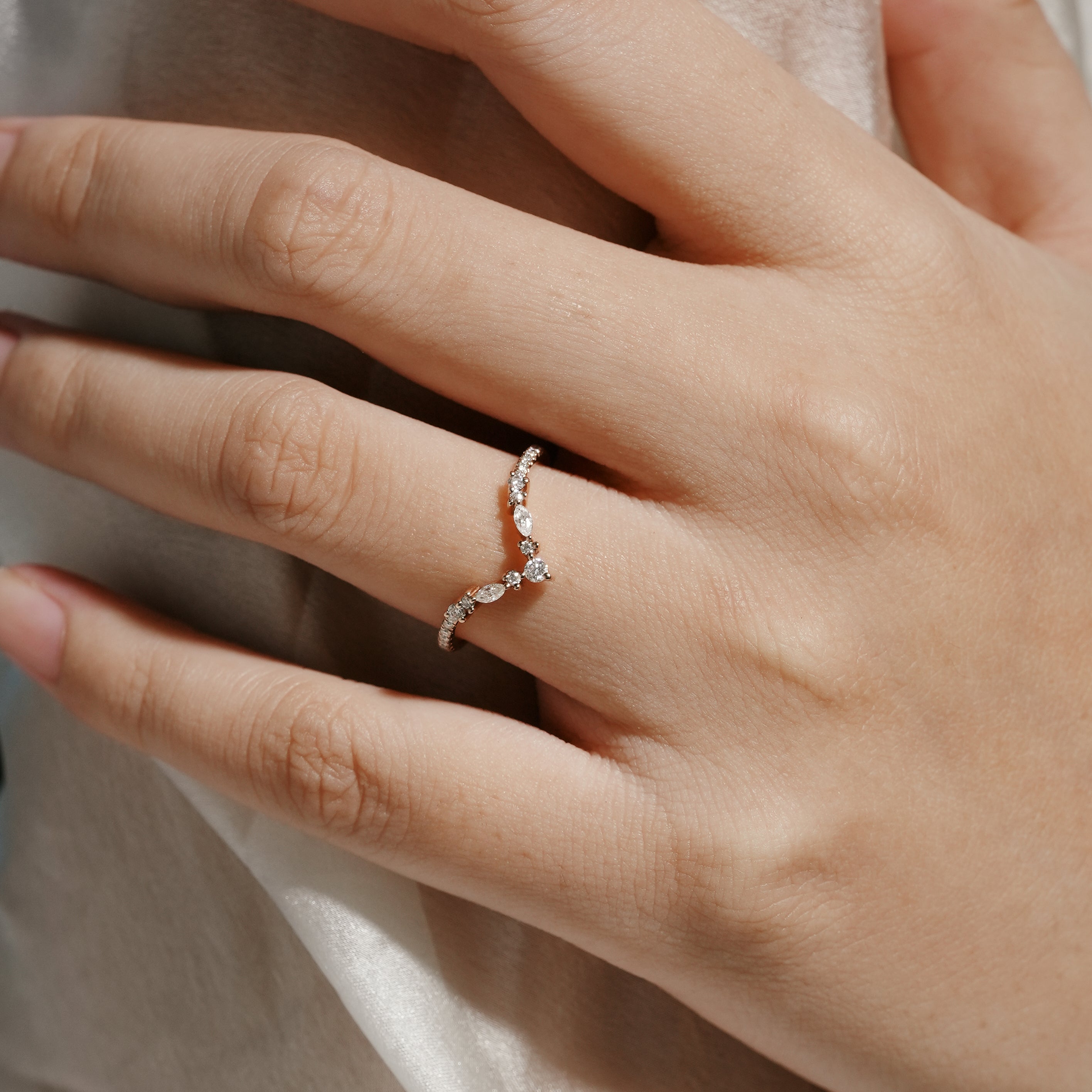 Elara Moissanite Wedding Band on hand