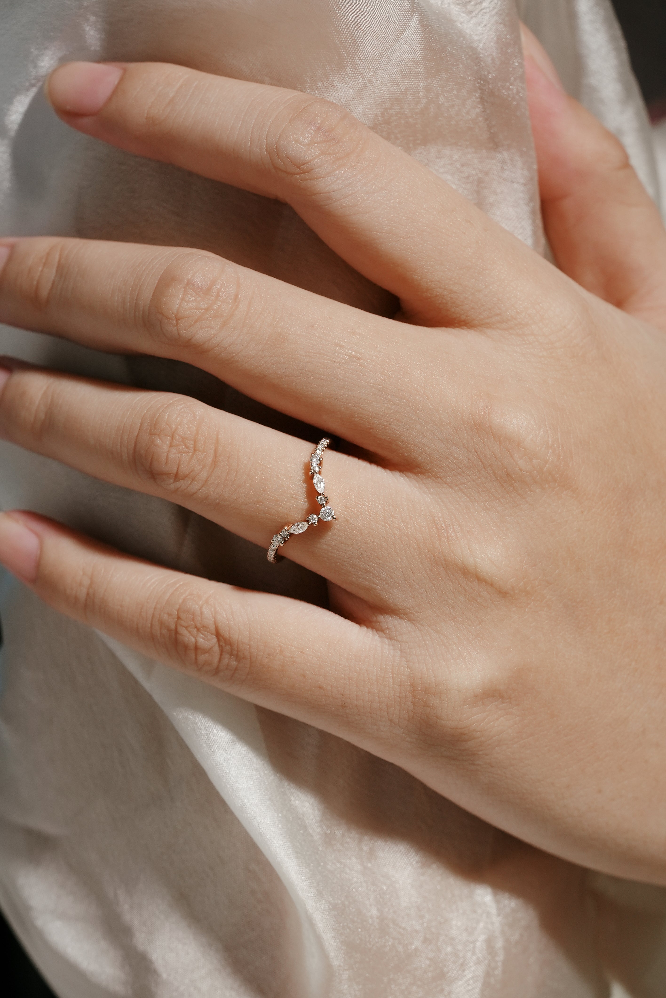 Elara Moissanite Wedding Band on hand