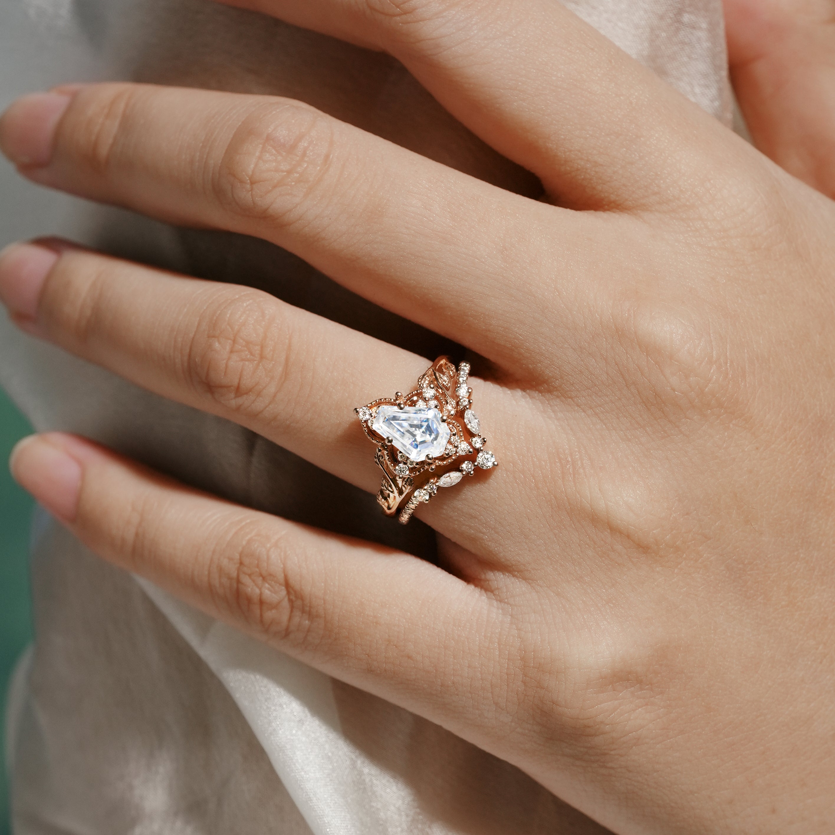 Rose Gold Leaf Engagement Ring with Coffin Cut Moissanite